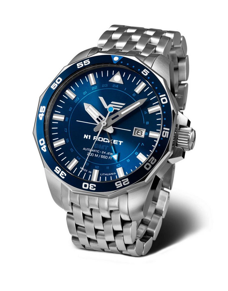 Vostok Europe Automatikuhr Rocket N1 225A712-B Herrenuhr Blau 46 mm Edelstahl 20 ATM GMT