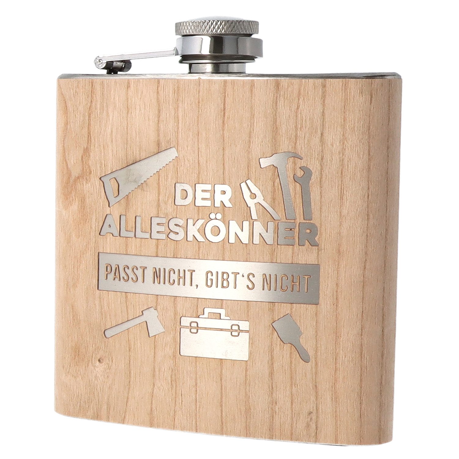 Spruchreif® Flachmann Holz- Flachmann aus Edelstahl mit Gravur, Geschenkidee Handwerker
