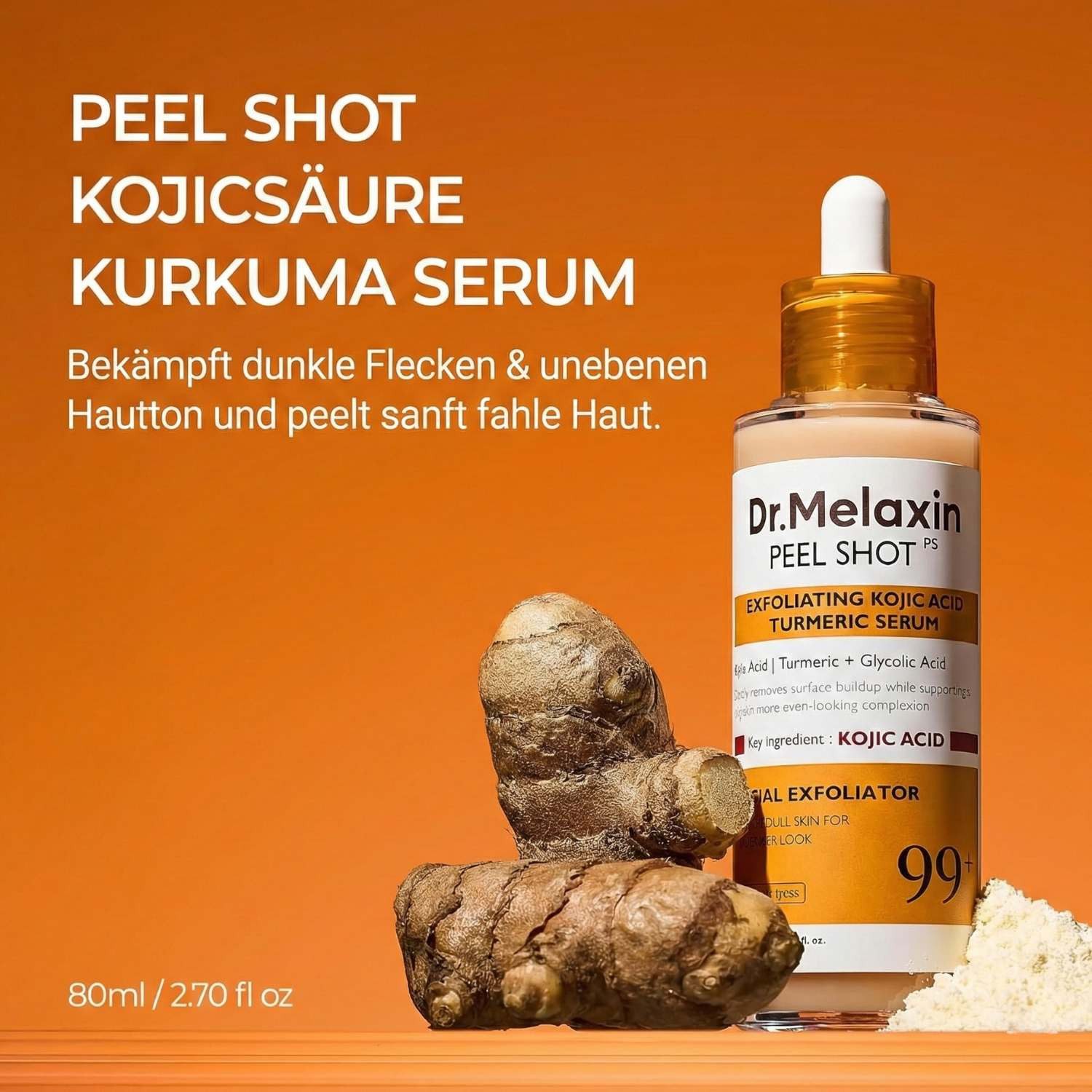 Dr.Melaxin Gesichtsserum Peel Shot Exfoliating Kojic Acid Turmeric Serum 80ml – Kojic Acid Turmeric Serum mit AHA PHA Peeling, Niacinamide &, Hyaluron, Dark Spots Care für ebenmäßige Haut