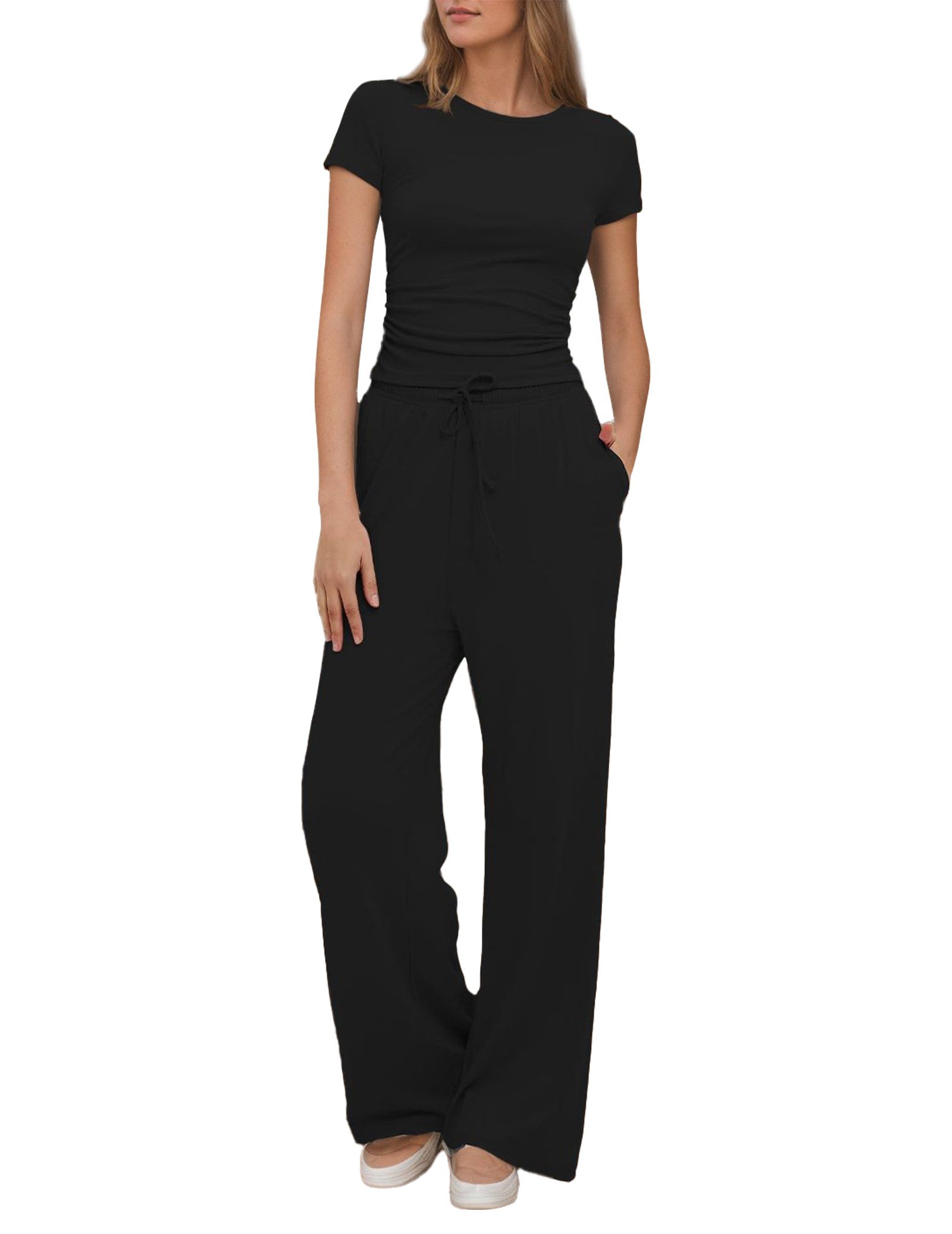 LUCKZON Freizeitanzug gerüschte Kurzarmoberteile und hoch taillierte Hosen mit weitem Bein, 2-teiliges Lounge-Set Trainingsanzug-Sets für Damen