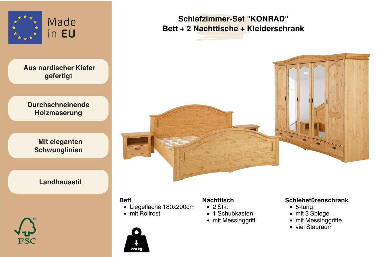 OTTO home Schlafzimmer-Set "Konrad", komplettes Schlafzimmer mit großem Schrank, (Set, 4-tlg., Kleiderschrank 5 türig mit Schubladen, 2 Nachttische, Bett 180x200cm), klassischer Landhausstil, Metallgriffe, Massivholz (Kiefer)