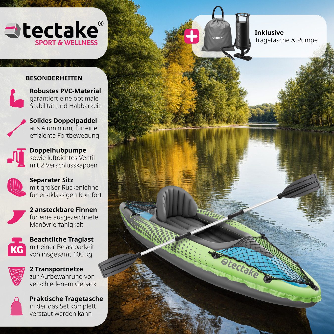 tectake Seekajak Einerkajak, (Komplettset, -, Einerkajak), Belastbarkeit 100 kg