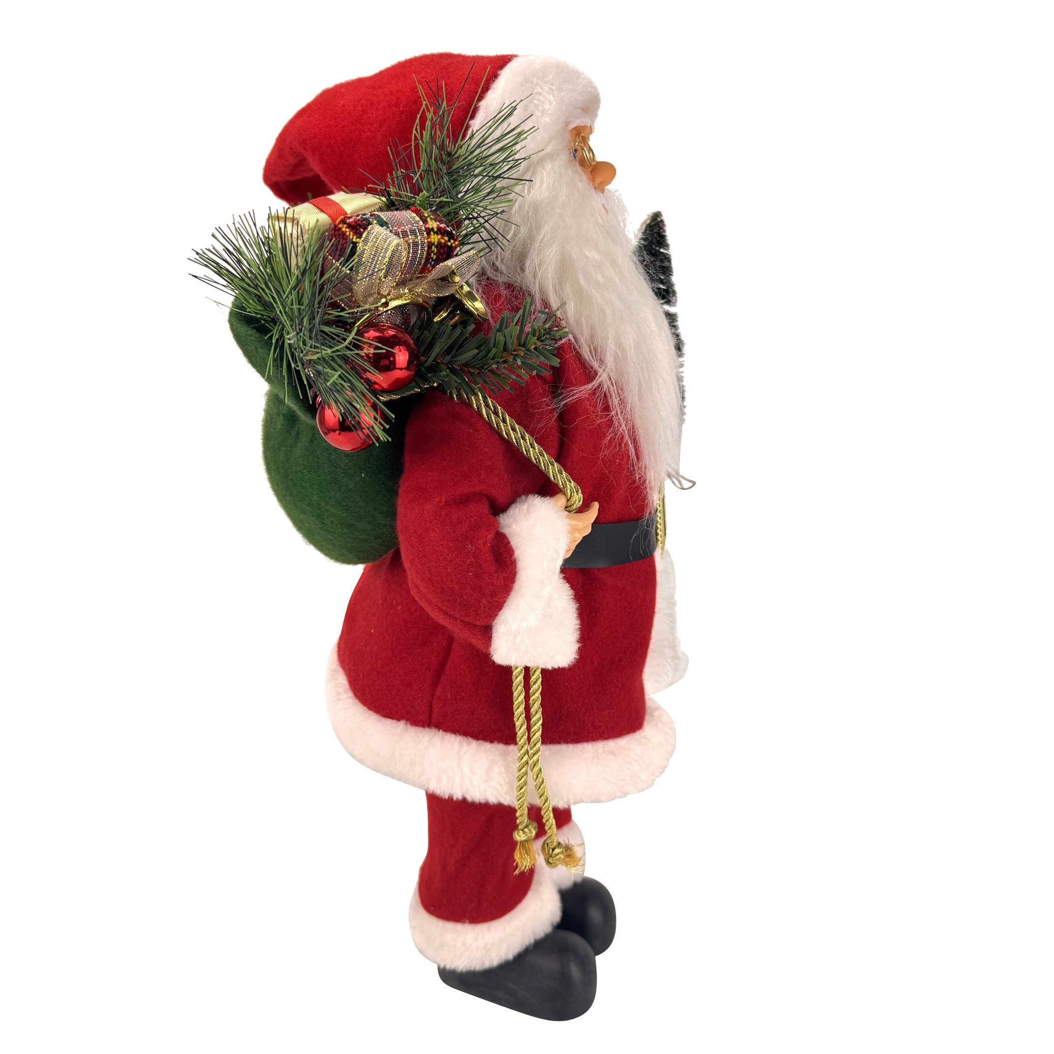 Online-Fuchs Weihnachtsmann mit Tannenbaum und LED-Lichterkette mit Timer - Weihnachtsdeko Figur (mit Geschenkesack über den Rücken, klassisch traditionelles Design), inklusive integrierter 6-Stunden Timerfunktion