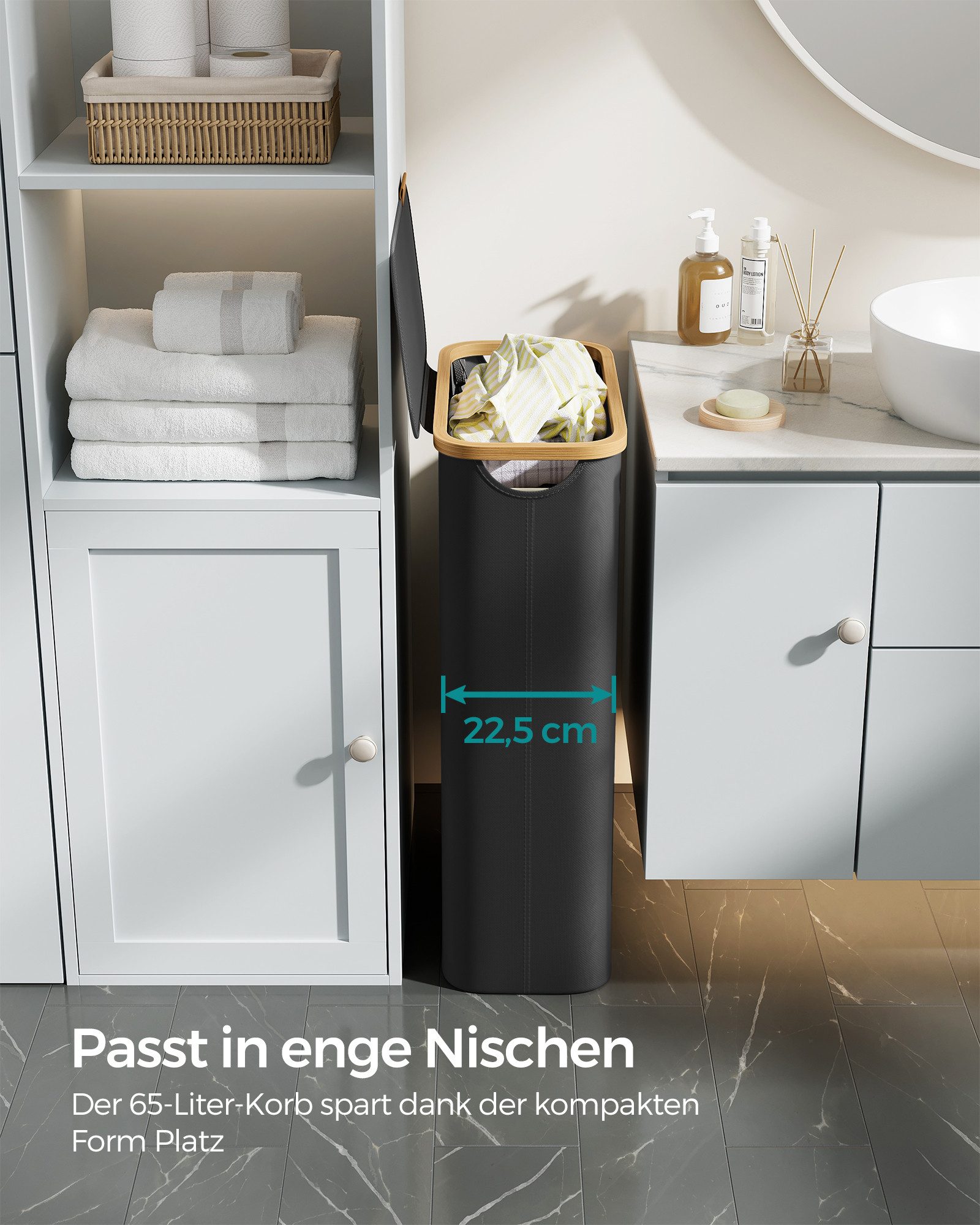 SONGMICS Wäschekorb, mit Deckel, 65 L, herausnehmbarer Wäschesack, Griffe aus Bambus