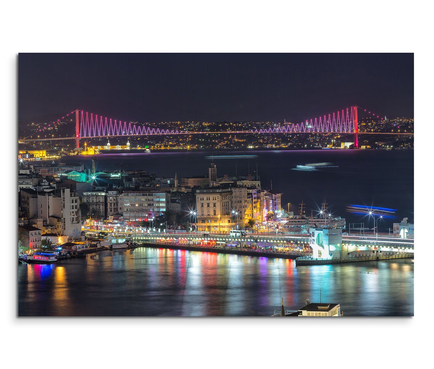 Sinus Art Leinwandbild 120x80cm Wandbild Istanbul Bosporus Brücke Nacht Lichter
