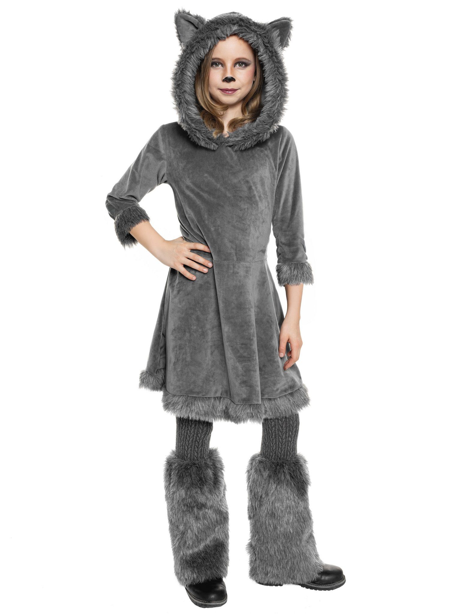 Maskworld Kostüm Wolf Kostüm für Kinder - für Fasching & Karneval, Freundliches Wolfskleid mit flauschiger Kapuze für Mädchen