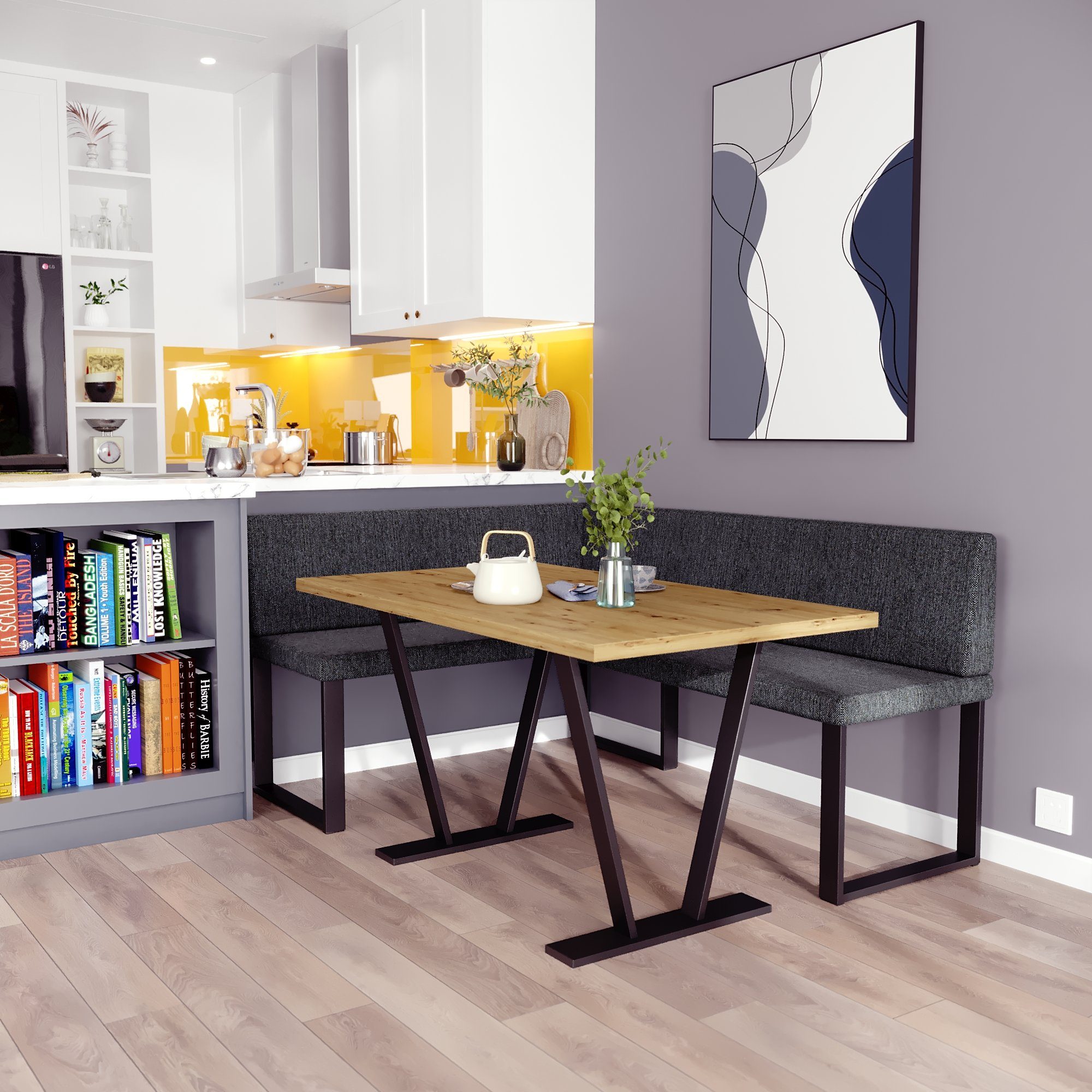 sofa4you Eckbankgruppe Alina Metall mit Tisch, Moderne Sitzecke perfekt für Ihr Esszimmer, Küche (128x168/142x196) grau