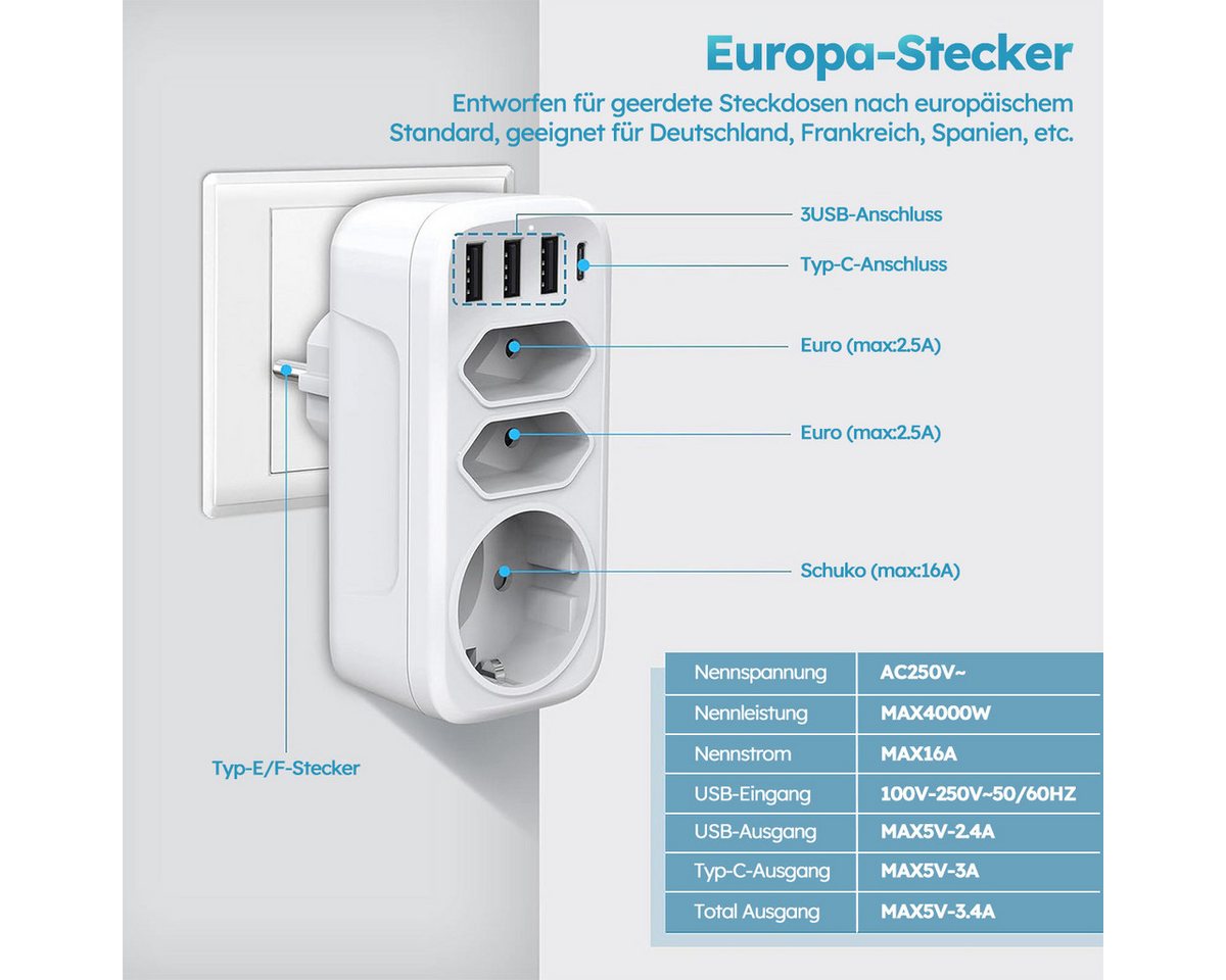 Thumbnail - ZEUOPQ Steckdose Steckdose Konvertierbarer Stecker, deutscher Standard 56*113mm 7 in 1, Diese USB-Steckdose enthält 1 US...
