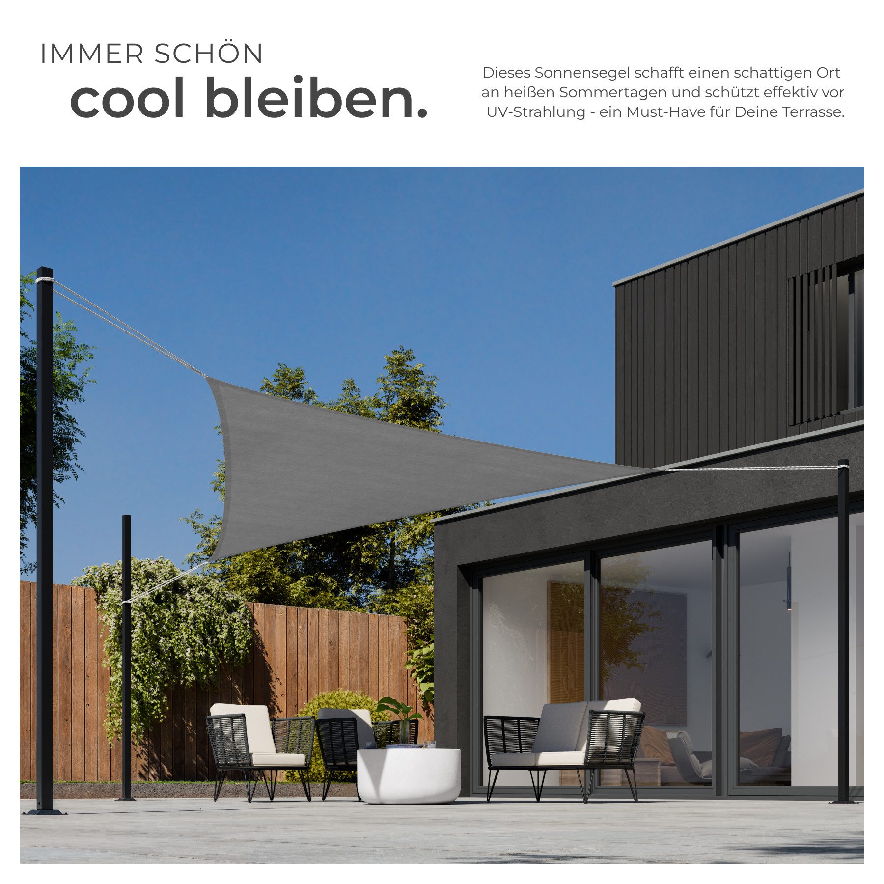 tectake Sonnensegel Dreieck-Beschattungstuch, UV 50+, Spannseile, Edelstahlringe, (Sonnenschutzplane, in grau), für Balkon/Garten/Terrasse, wasserabweisend, atm – Bild 4 von 5