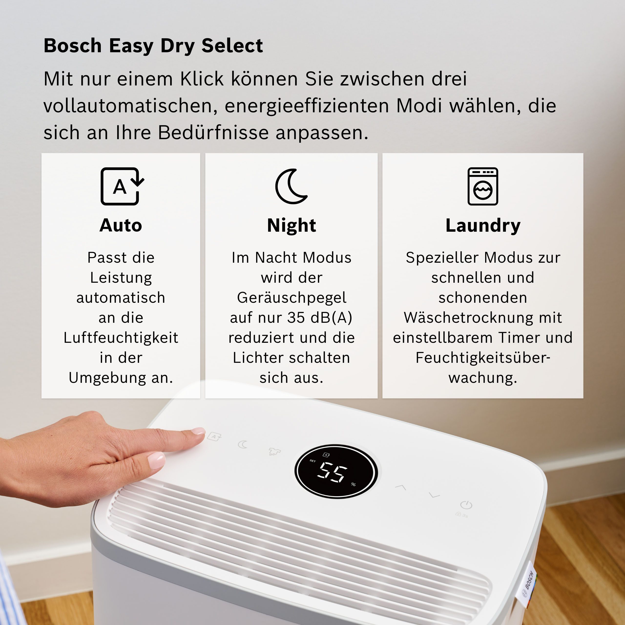 BOSCH Luftentfeuchter Dry 2000 - Ideal für die Wohnung & schnelle Trocknung der Wäsche, Entfeuchtung 12 l/Tag, Tank 2,5 l, Ultra-leiser Betrieb, nur 35 dB(A) – Bild 4 von 5