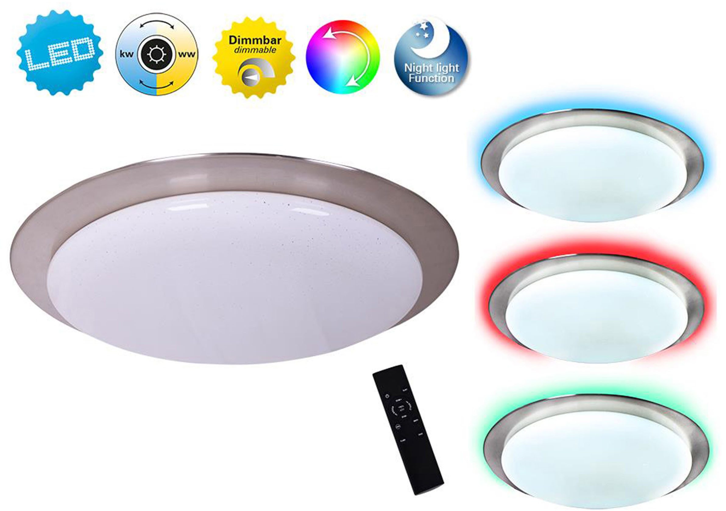 näve LED Deckenleuchte Turin, LED fest integriert, warmweiß - kaltweiß, Schirm Kristalleffekt, Nachtlicht, CCT, RGB Rahmenbeleucht., dimmbar