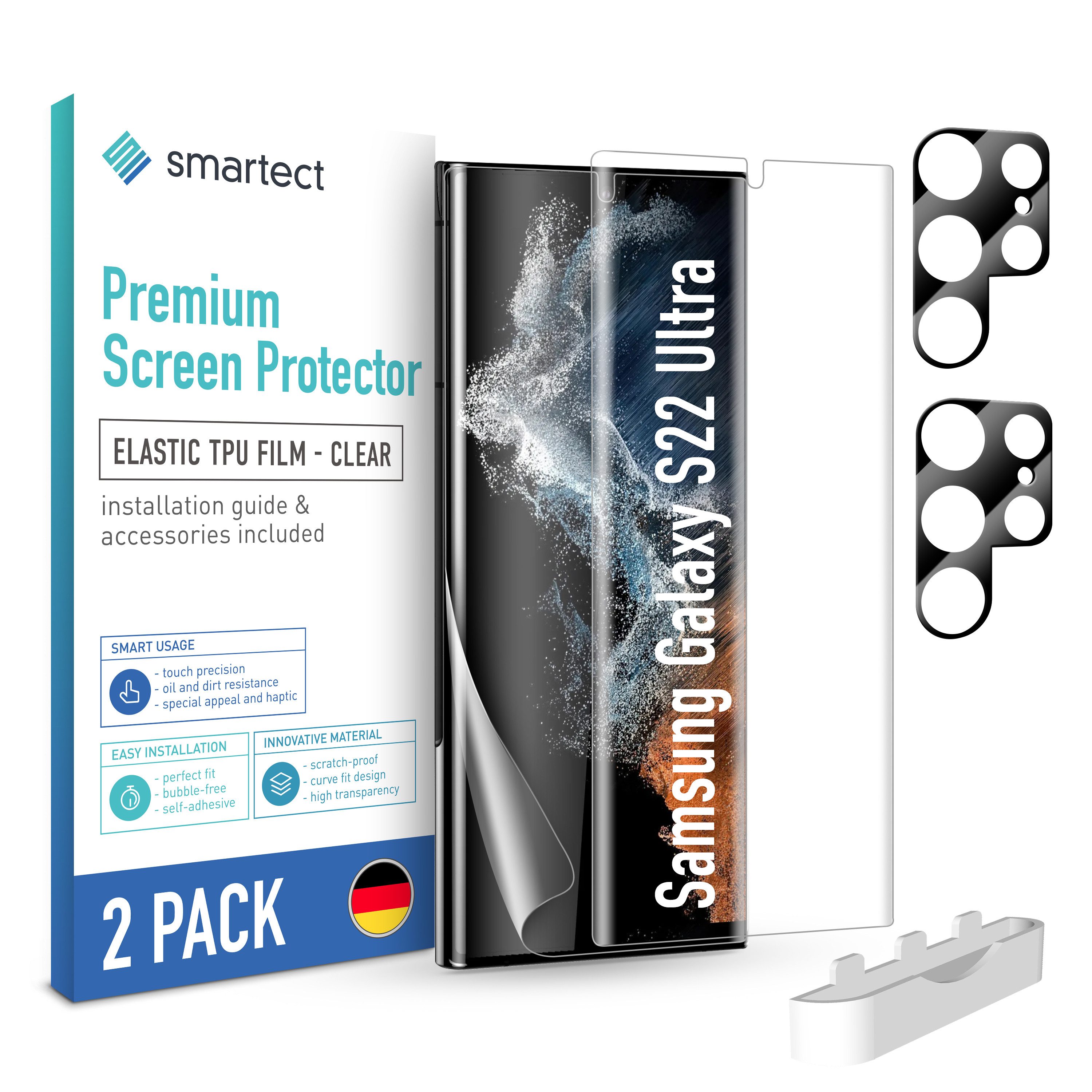 smartect Displayschutzfolie TPU Schutzfolie Klar für Samsung Galaxy S22 Ultra, 2x Front + 2x Cam für Samsung Galaxy S22 Ultra, 2 Stück, Anti-Fingerabdruck, Blasenfreie Installation