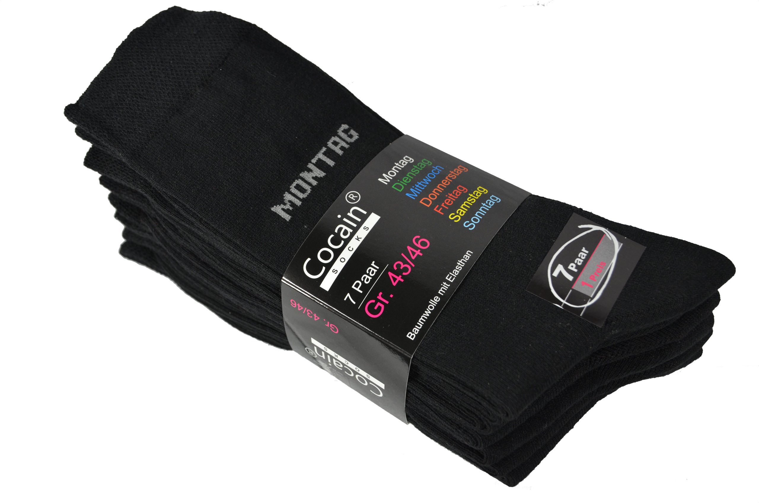 Cocain underwear Freizeitsocken Damen Herren Socken schwarz Wochentag Montag Sonntag 7 Tage Baumwolle (7-Paar) hoher Baumwollanteil
