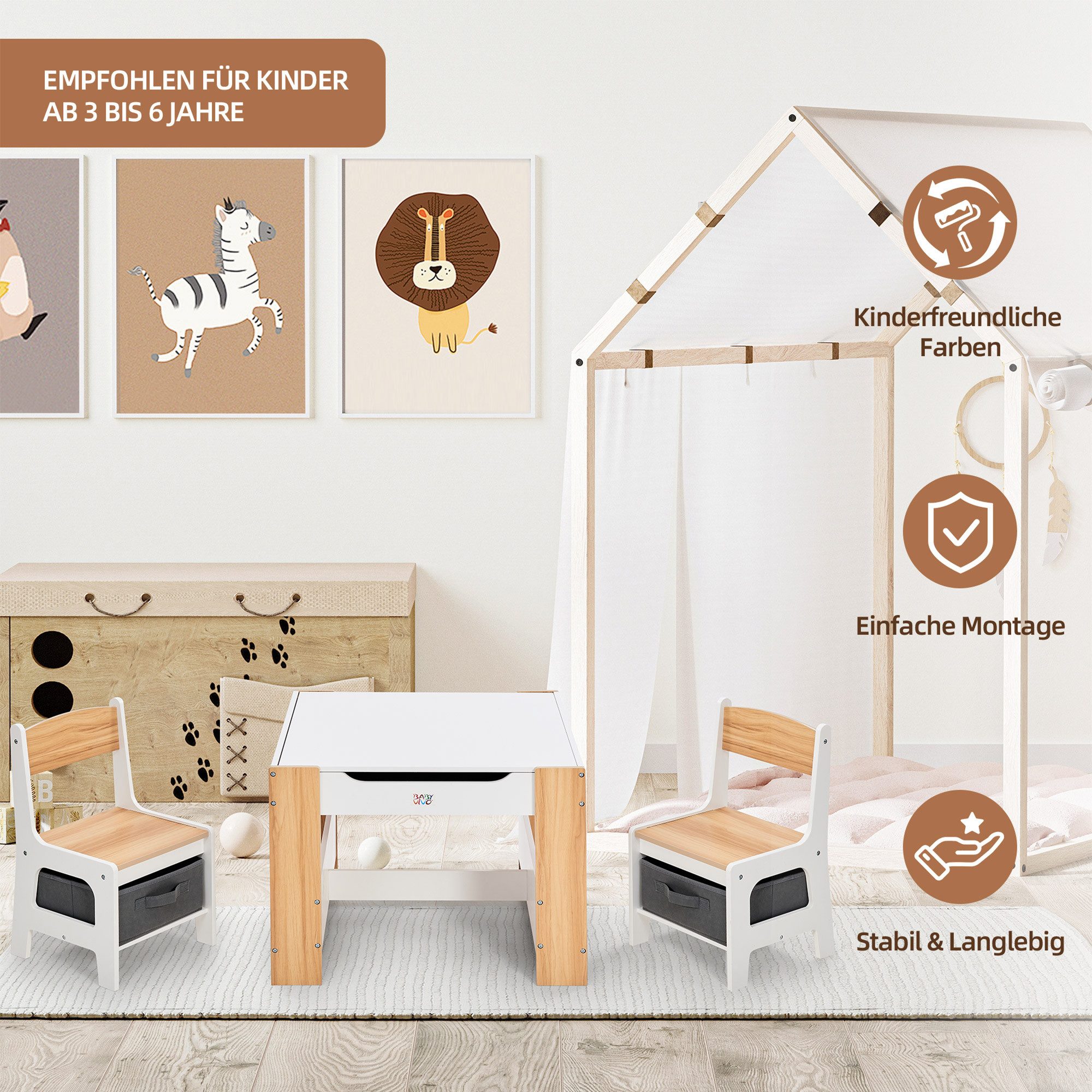 Baby Vivo Kindersitzgruppe multifunktionaler Tisch 2 Stühle aus Holz - Mia