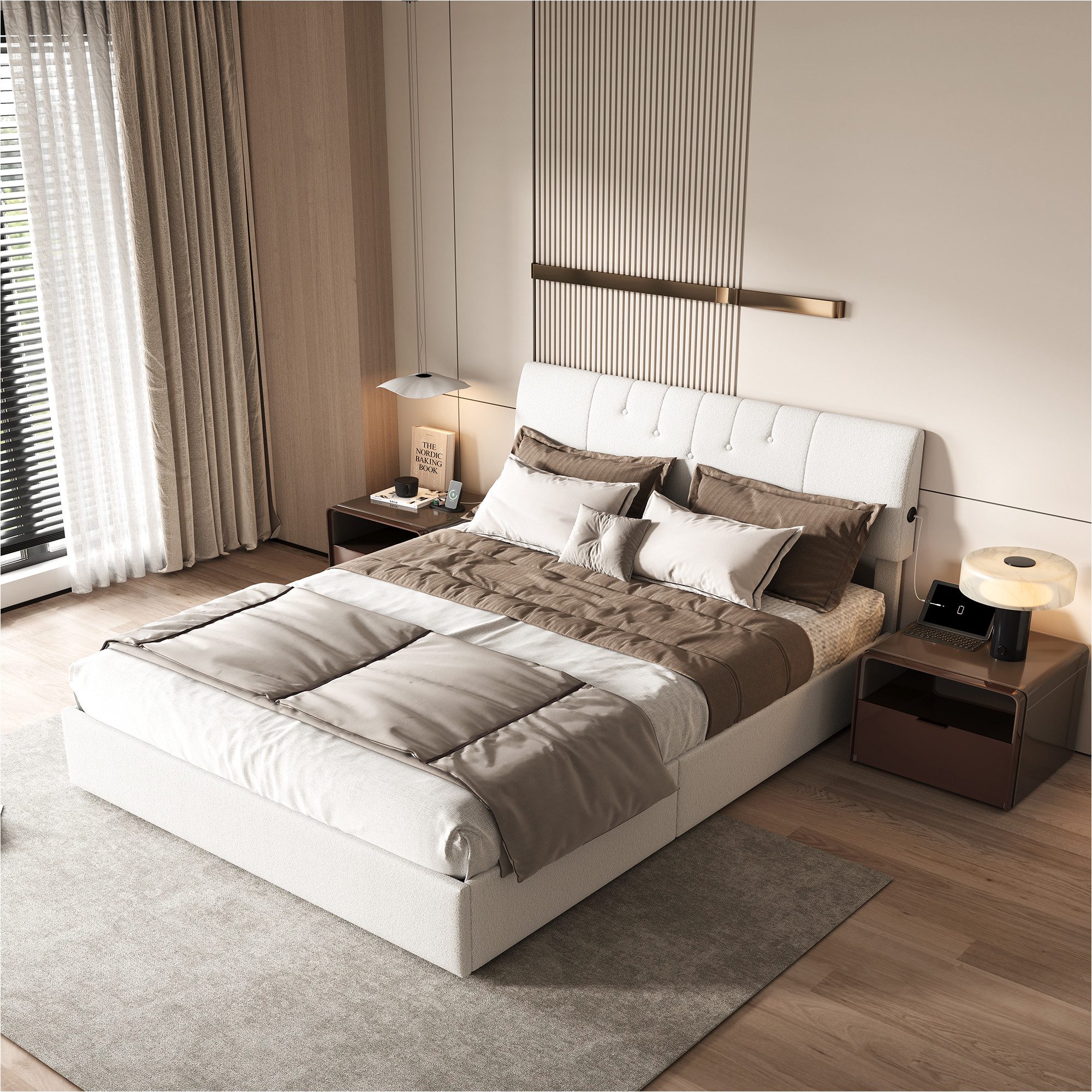 Furnishings Home Polsterbett Doppelbett 140x200cm, Stauraumbett mit Bettkasten (1-tlg., Teddy-Samt material Polsterbett mit 2 USB + 2 Type-C), mit Lattenrost und Ladefunktion, mit Komforthöhe, Leises Design Bett