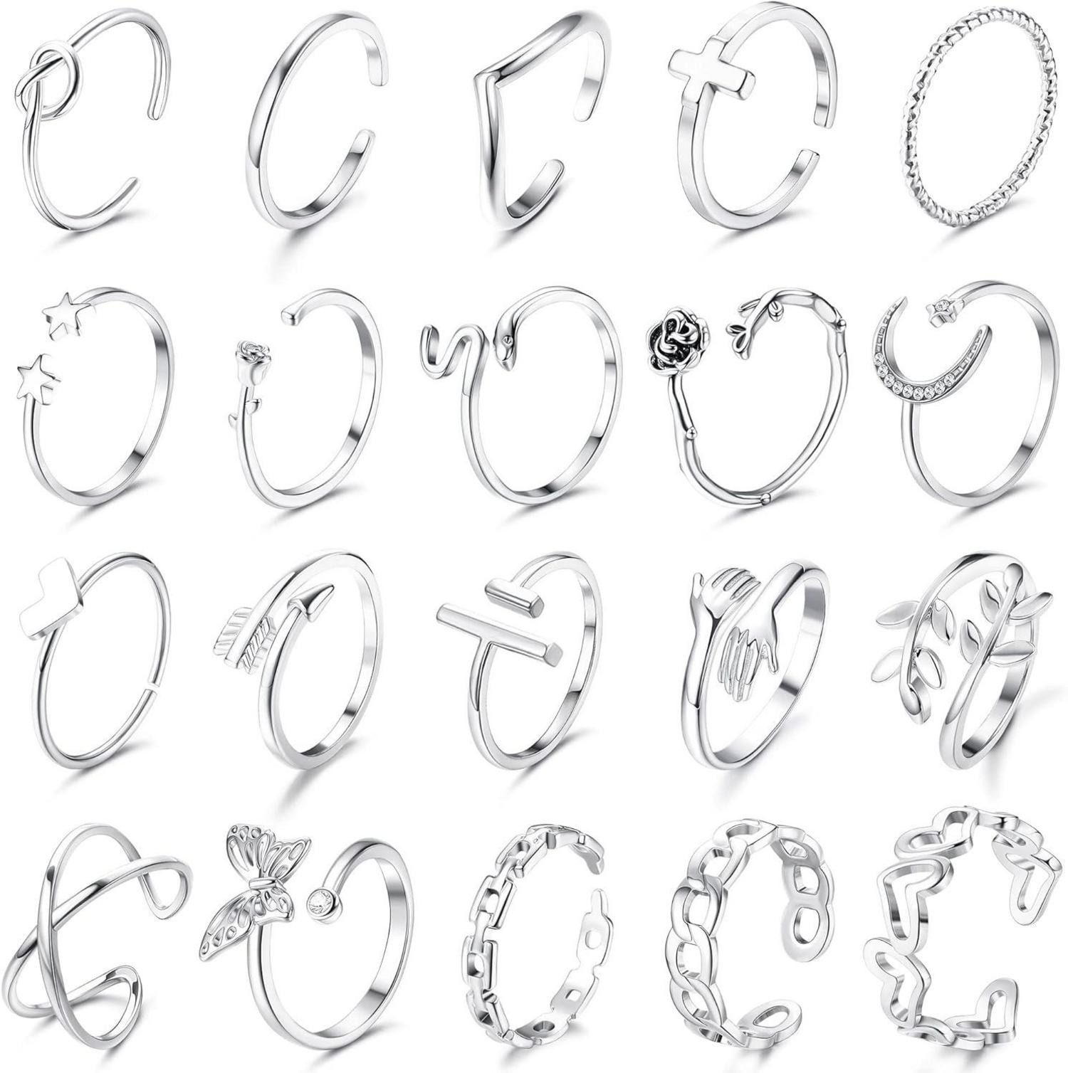 LuxusKollektion Schmuckset 20er Set Silber Кольца Verstellbar Offen Knoten Schmetterlings Herz für