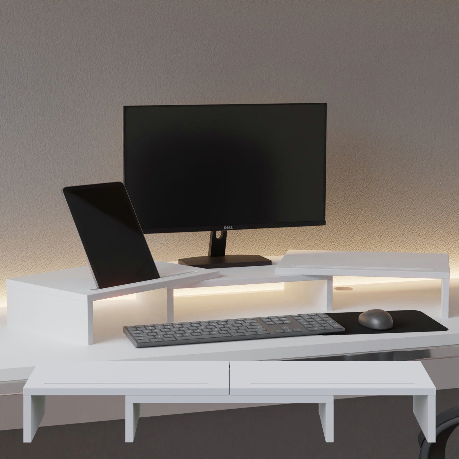 HAGO Schreibtischaufsatz Set drehbar Monitorständer weiß Auflage 3-tlg. Unterbau Tischhalterung