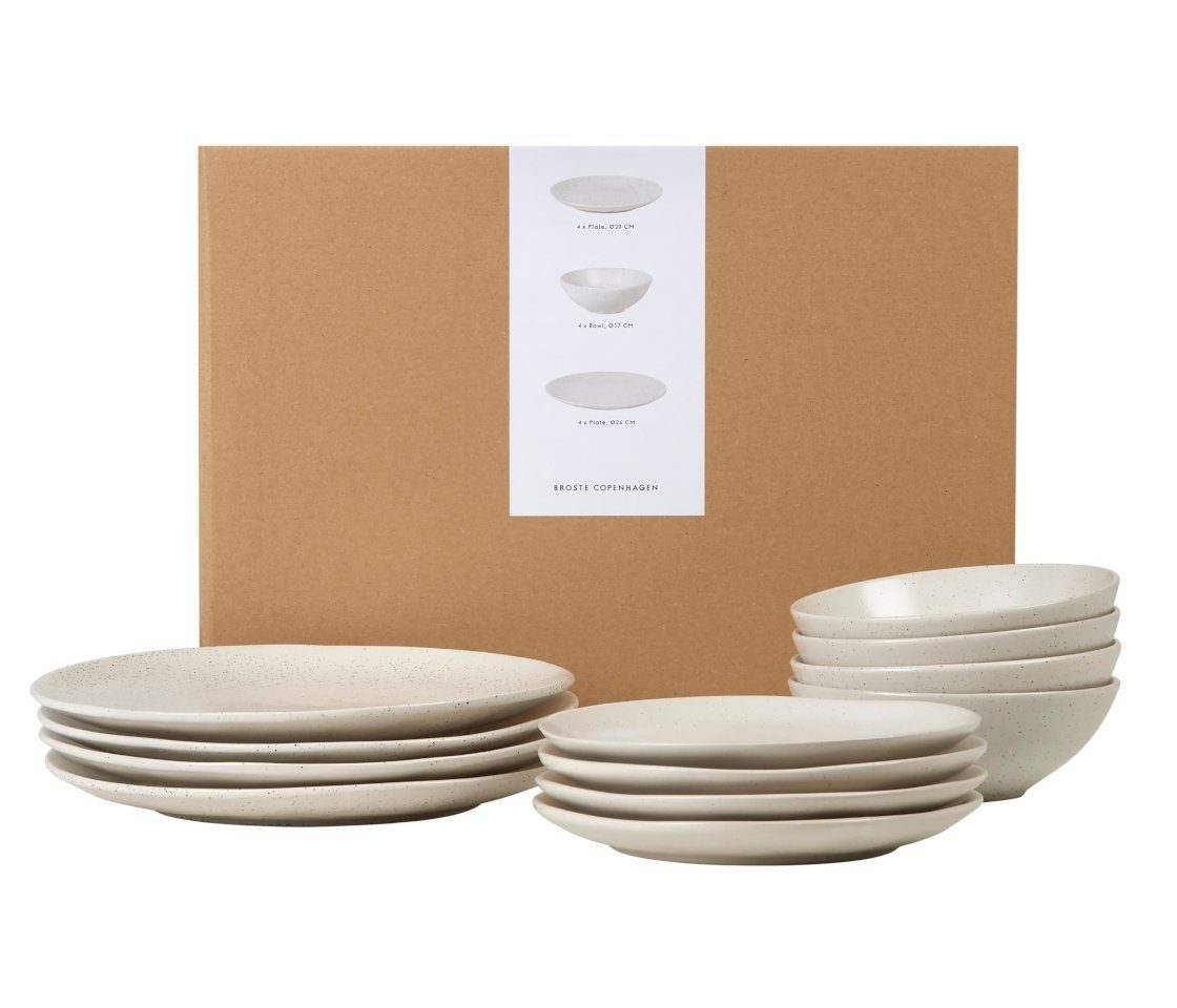Broste Copenhagen Столовый сервиз Copenhagen NORDIC VANILLA Tafelset mit großer Schale 12tlg, Steinzeug, Nordic Vanilla Geschirsets mittag für vier