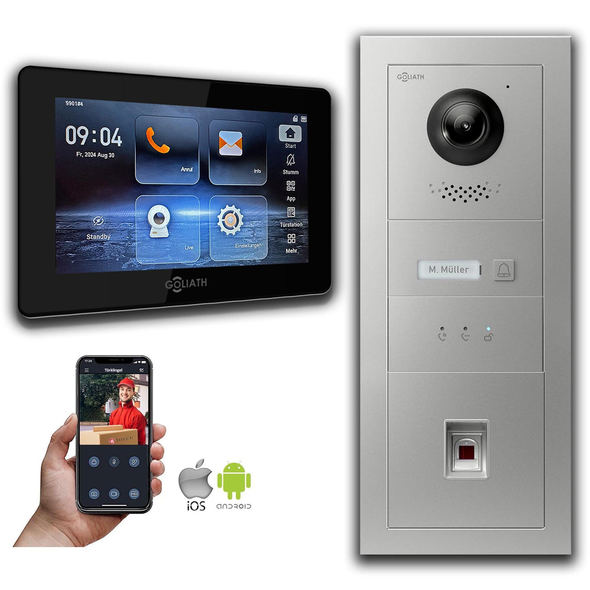 Goliath Intercom Video-Türsprechanlage Goliath IP Video Türsprechanlage mit Kamera 7-Zoll Fingerprint Anzeige (Privat oder Gewerblich)