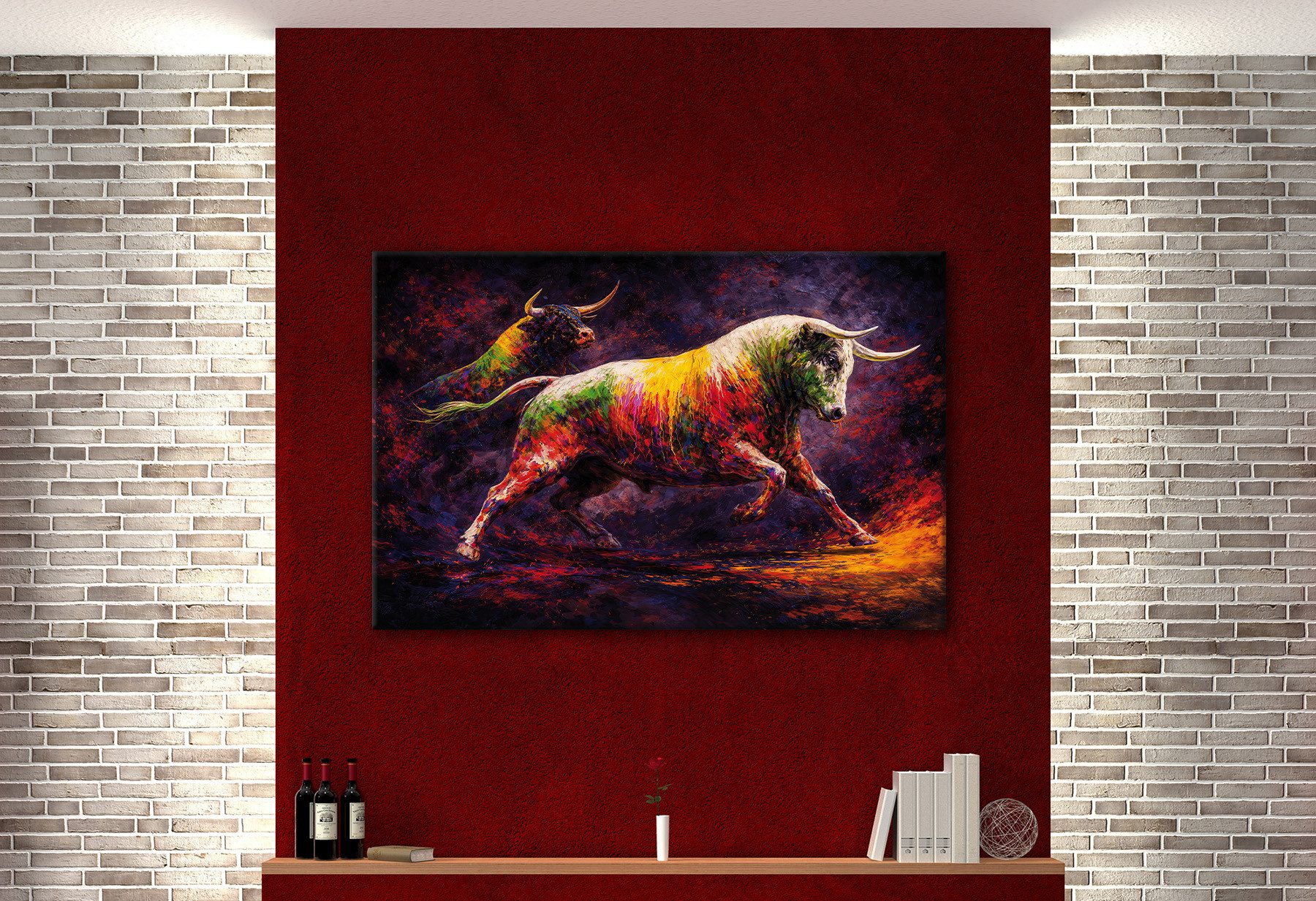 Bönninghoff Bild Wandbild BUNTER STIER 78x118 cm – Leinwandbild Keilrahmen Deko modern, Kuh, Kühe, Tiere, auf Keilrahmen gespannt