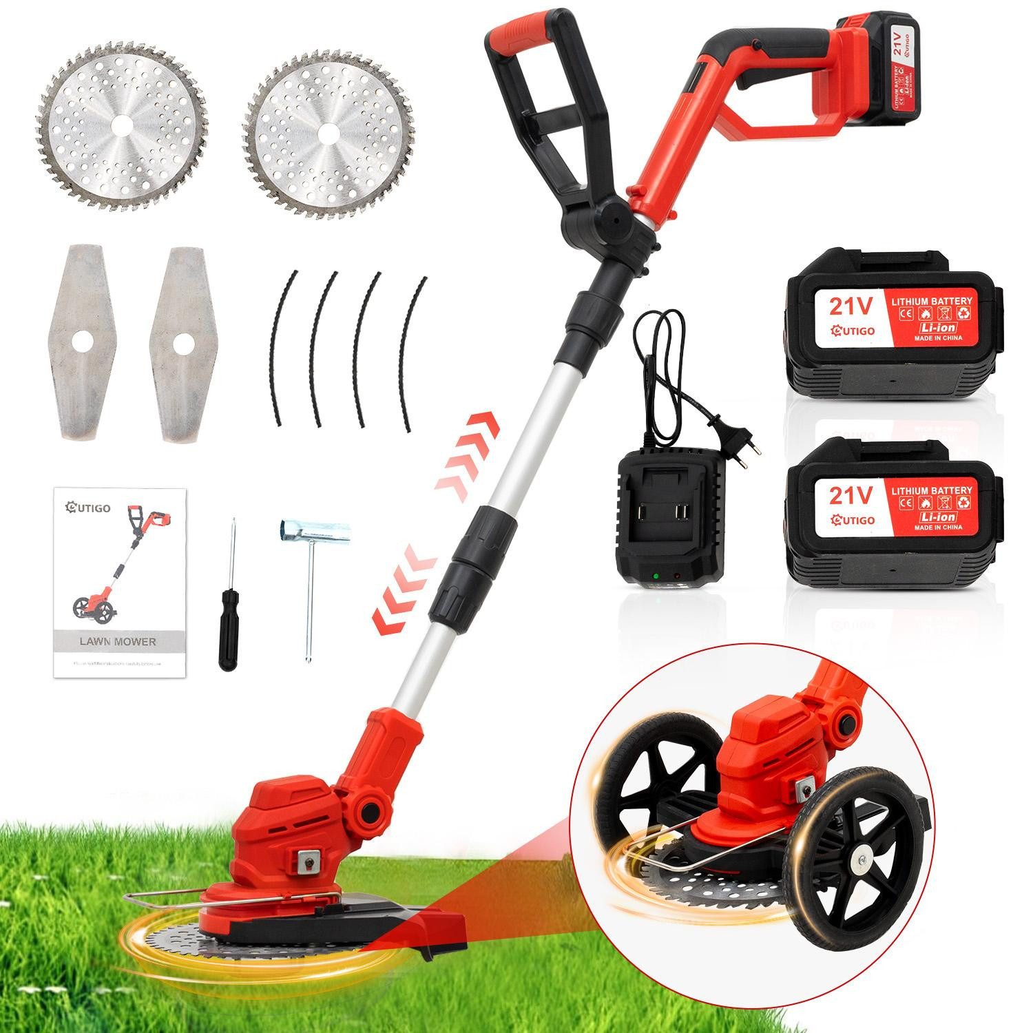 OUTIGO Akkurasenmäher Wiederaufladbarer Akku-Rasentrimmer mit 2* 4000mAh, Rädern, 25 cm Schnittbreite, 2-in-1-Rasenmäher Kantenschneider, 3 Arten Klingen, Teleskop-Stiel