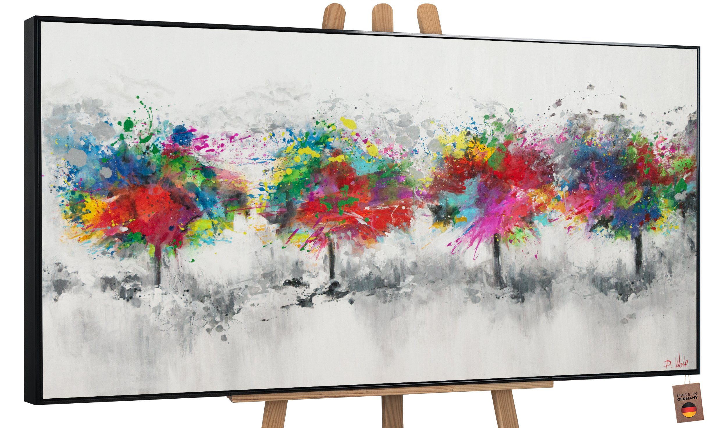 YS-Art Gemälde Bunter Wald, Abstrakte Bilder, Leinwandbild Bunte Baumlandschaft auf Grauem Hintergrund