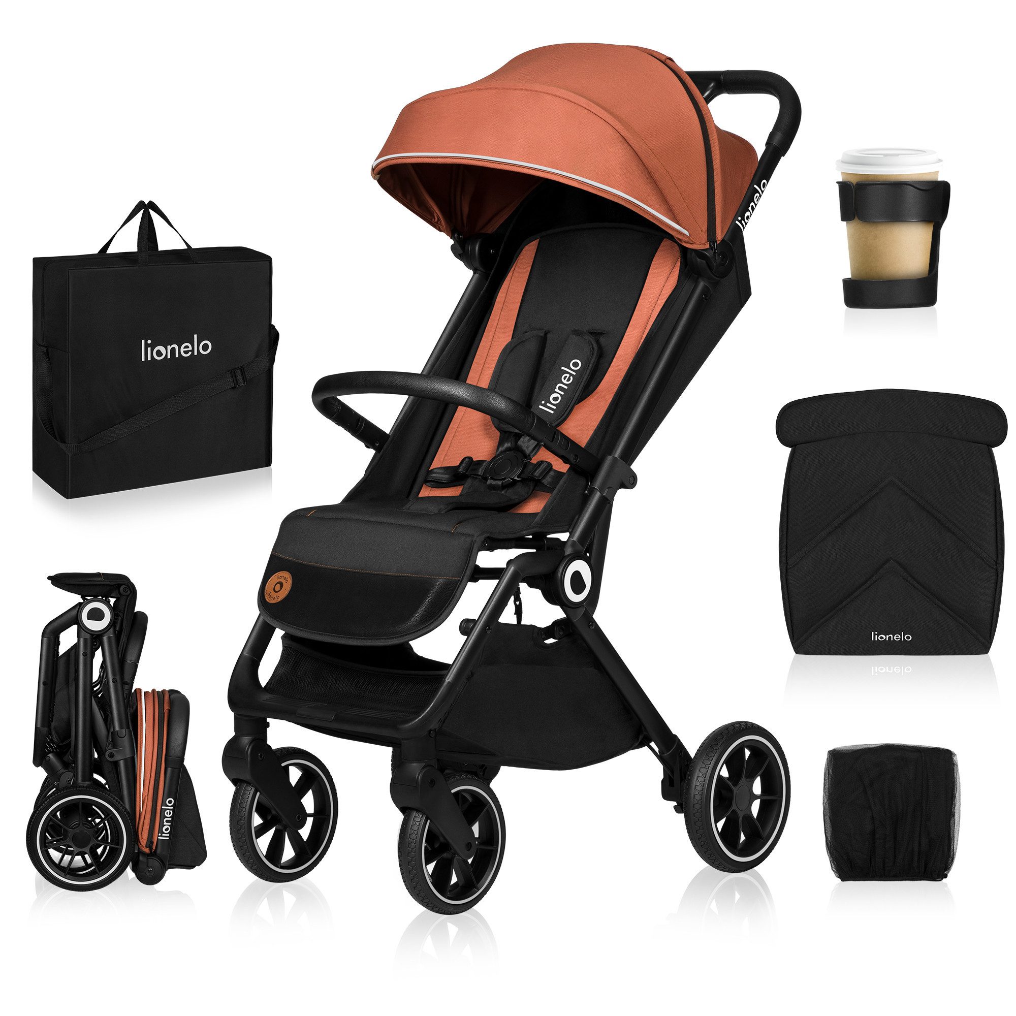 lionelo Kinder-Buggy CLOOE, (Set mit Moskitonetz, Becherhalter, Fußabdeckung und Tragegurt für die Schulter), Auto-Folding/PU-Räder/XXL-Verdeck/Tragegurt/8,2 kg