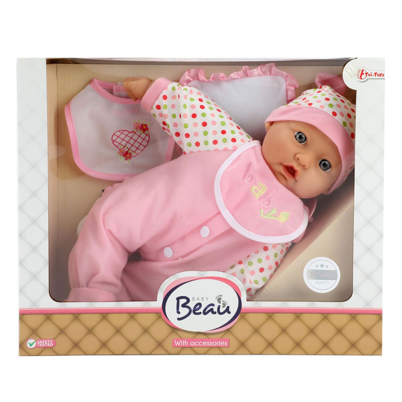 Toi-Toys Anziehpuppe BEAU Babypuppe 40 cm Flasche, Lätzchen und Kissen, 4 Varianten, Niedliche Babypuppe mit Zubehör