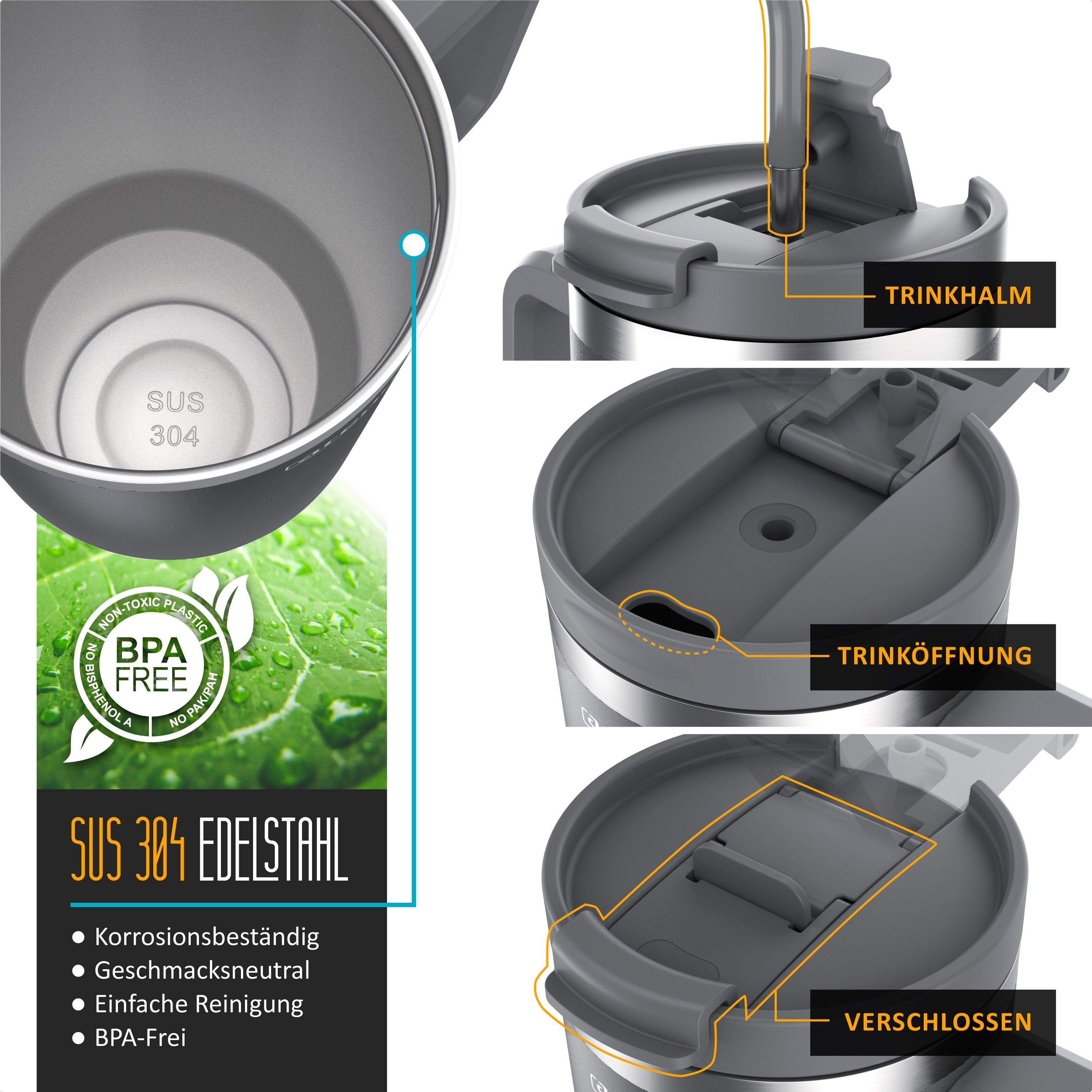 Arendo Thermobecher Tumbler 1200 ml, Becher mit Deckel, Henkel und Strohhalm, Thermal Mug, 1-tlg., Edelstahl, kohlensäuregeeignet, auslaufsicher, doppelwandig,  – Bild 3 von 5