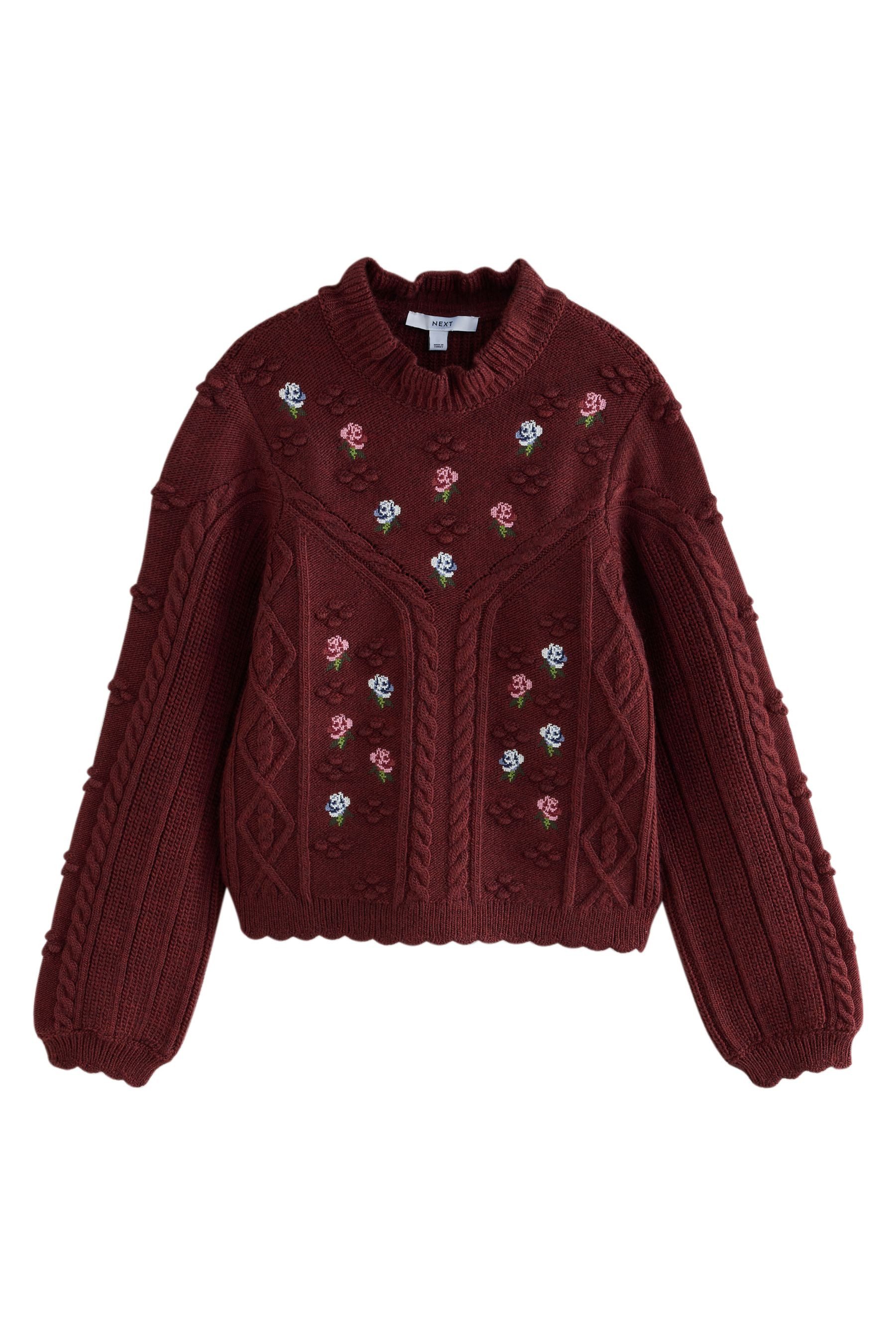 Next Strickpullover Pullover mit Zopfstrickmuster und Blumen-Stickerei (1-tlg)