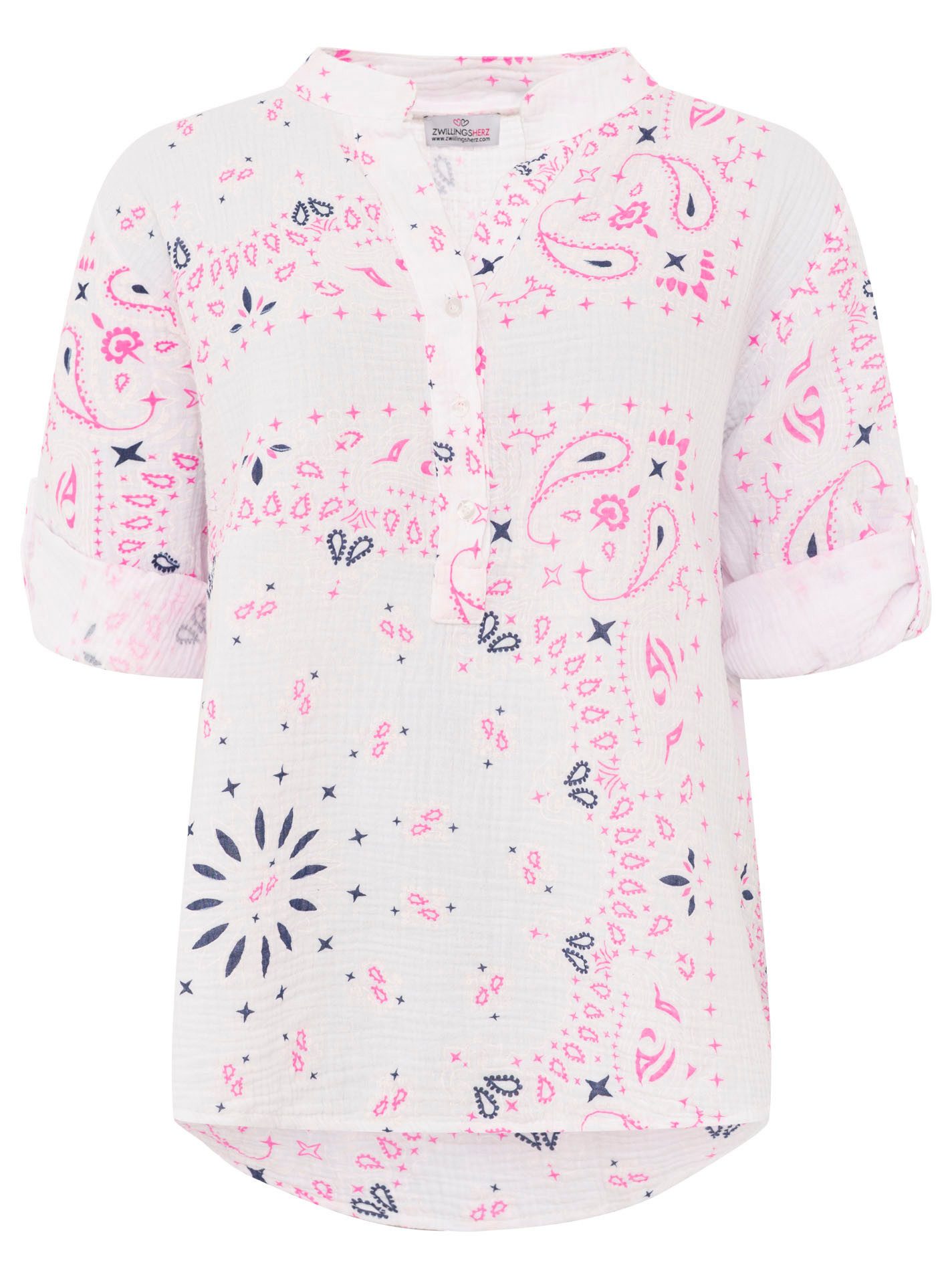 Zwillingsherz Kurzarmbluse "Paisley Dreams" Musselin, Paisley Muster, umgeschlagene Ärmel, V-Neck mit Knopfleiste