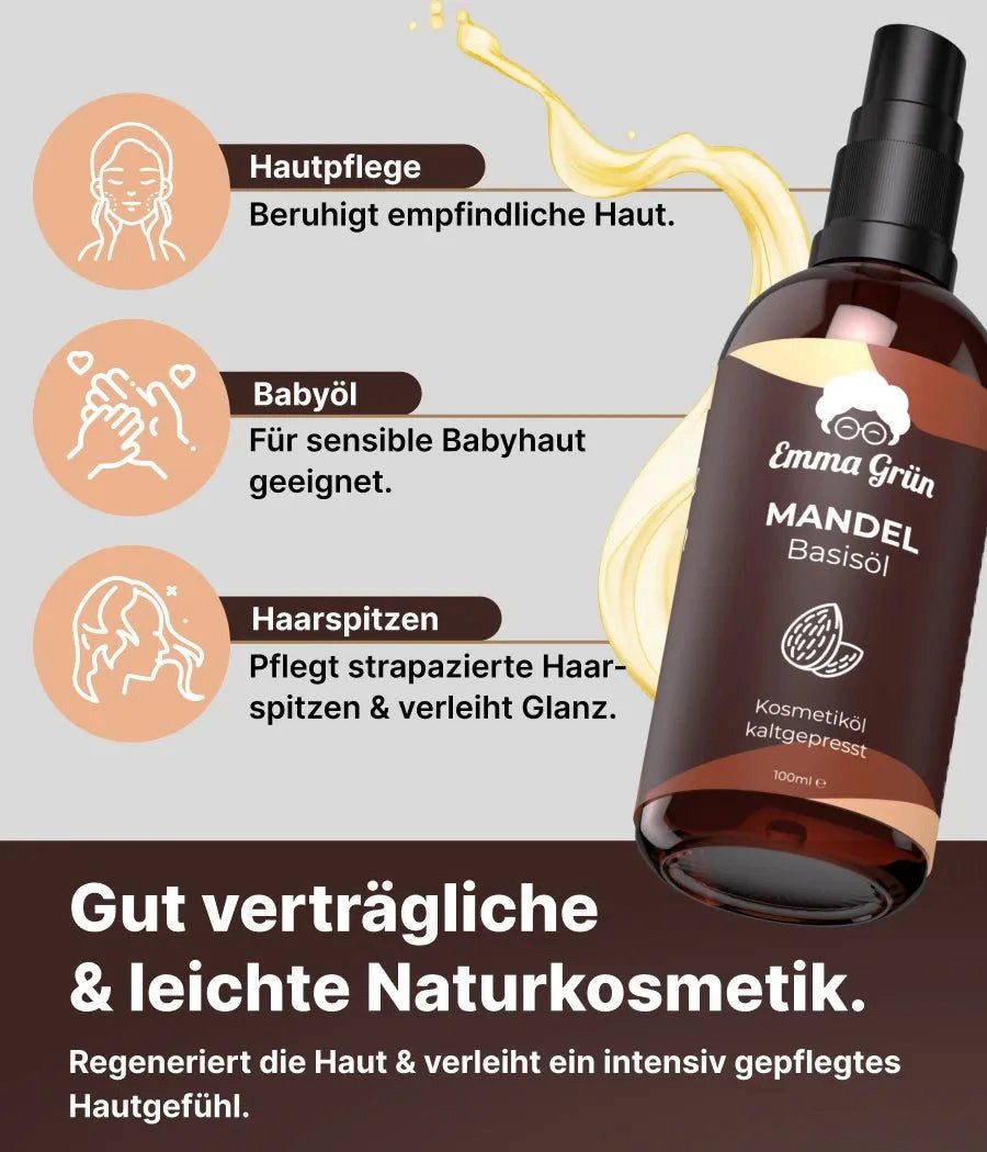 Emma Grün Körperöl Bio Mandelöl Kaltgepresst 100ml [100% REIN], Kaltgepresst, Unraffiniert, Babyöl, Für die tägliche Hautpflege