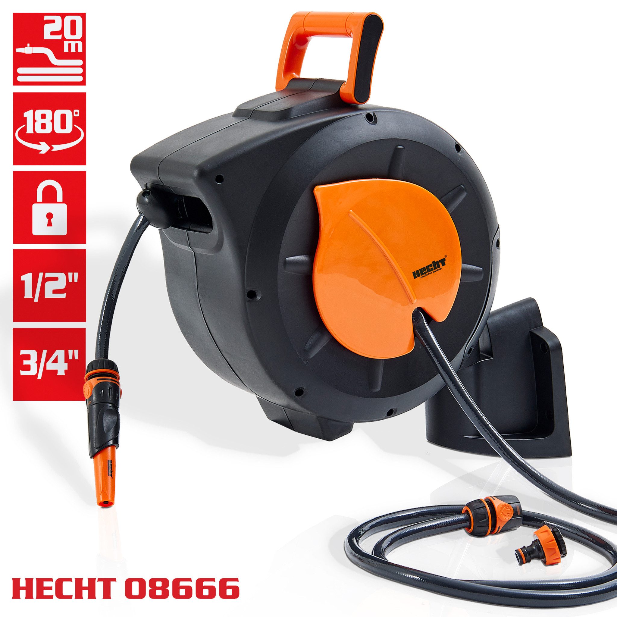Hecht Schlauchtrommel 20m 30m mit Einzugautomatik und Schnellkupplungsanschlüsse, Hahnanschluss 1/2" & 3/4", Spritzdüse, Wandhalterung, 180° schwenkbar