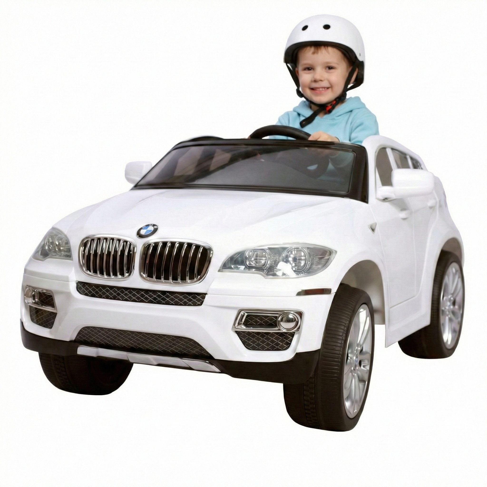 Hecht Elektro-Kinderauto lizensiertes BMW X6 Akku Kinderfahrzeug bis 5 km/h 12V/7Ah Akku, Belastbarkeit 30 kg, Fernbedienung, Radio, Hupe, Scheinwerfer, 2 Gänge, USB, AUX