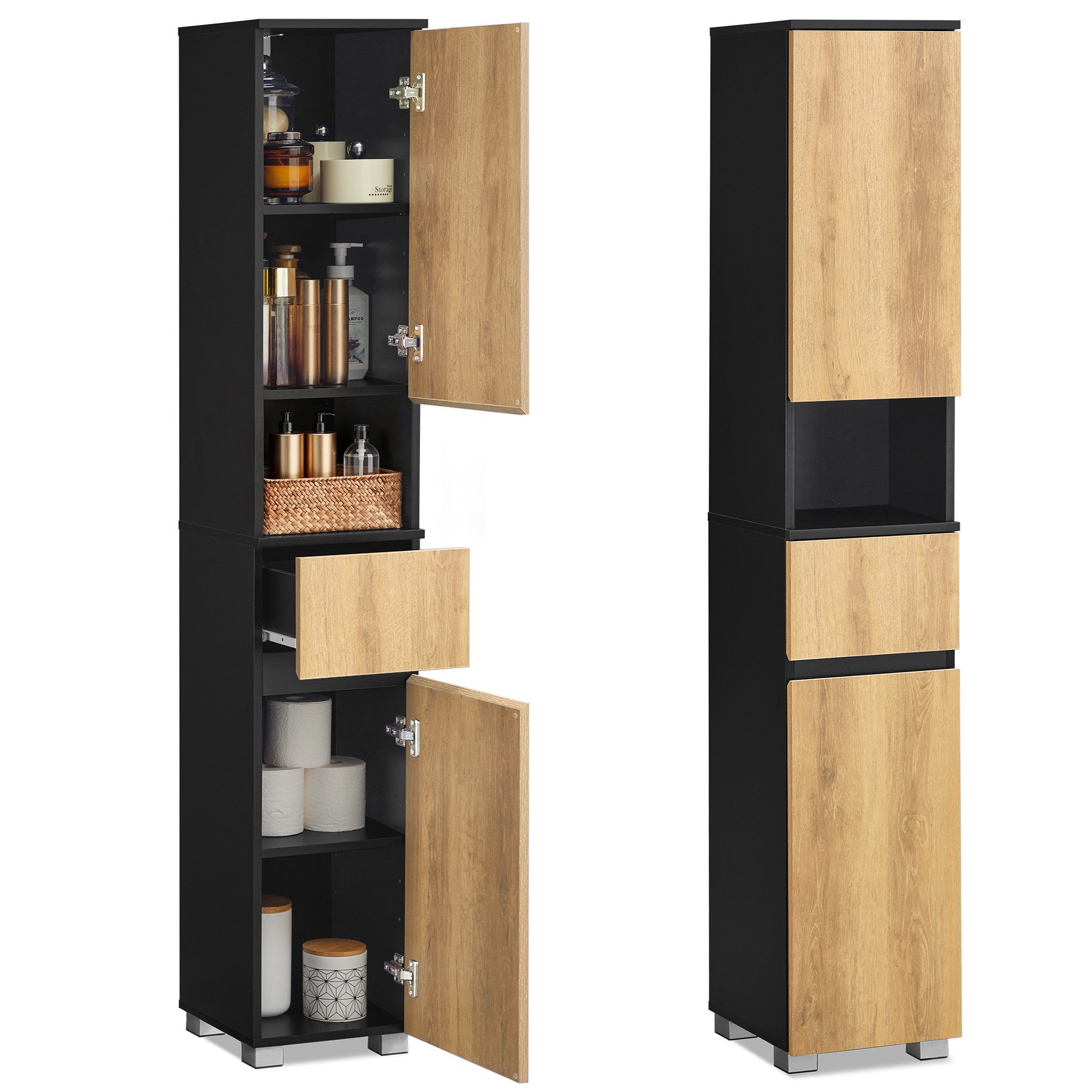 VASAGLE Badkommode Badezimmerschrank Badschrank verstellbare Ablagen, 30 x 30 x 170,2 cm, mit einer Schublade, Badezimmermöbel, offenes Fach