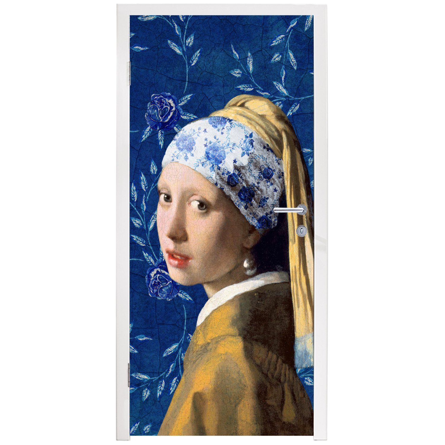 Vermeer Blumen St), MuchoWow - Perlenohrring für Türtapete Delfter Matt, 75x205 Mädchen (1 -, - Tür, mit bedruckt, Türaufkleber, cm - Fototapete Porzellan