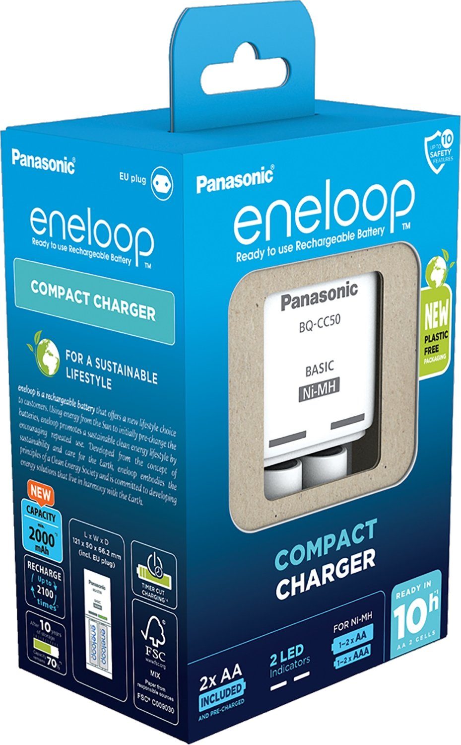 eneloop Eneloop BQ CC50 Mignon AA/Micro AAA Batterie-Ladegerät (NiMH Akku Ladegerät, 1 Stück, inkl. 2 Akkus (AA)