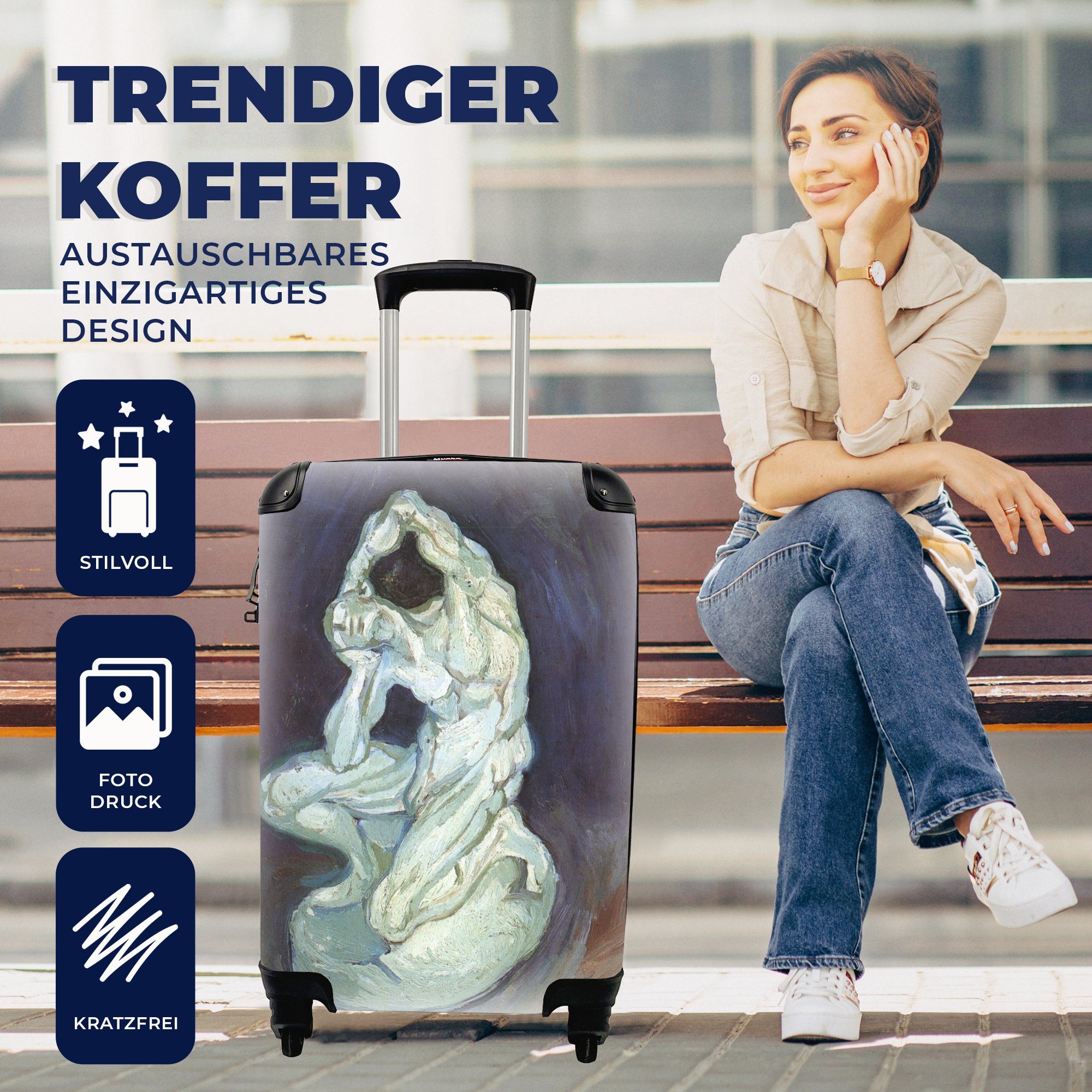 4 Handgepäckkoffer Mannes van für Gogh, Reisetasche Reisekoffer - Gipsskulptur Ferien, rollen, MuchoWow Trolley, Rollen, Vincent Handgepäck eines mit knienden