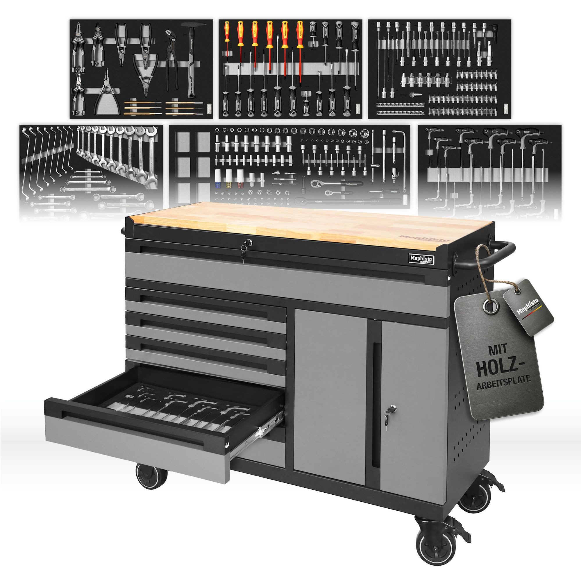 Mephisto-Tools Werkzeugwagen, (fertig montiert und bestückt), 6 Schubladen bis zu 40 kg belastbar & 1 Doppeltür, 4 Schlüssel inkl.