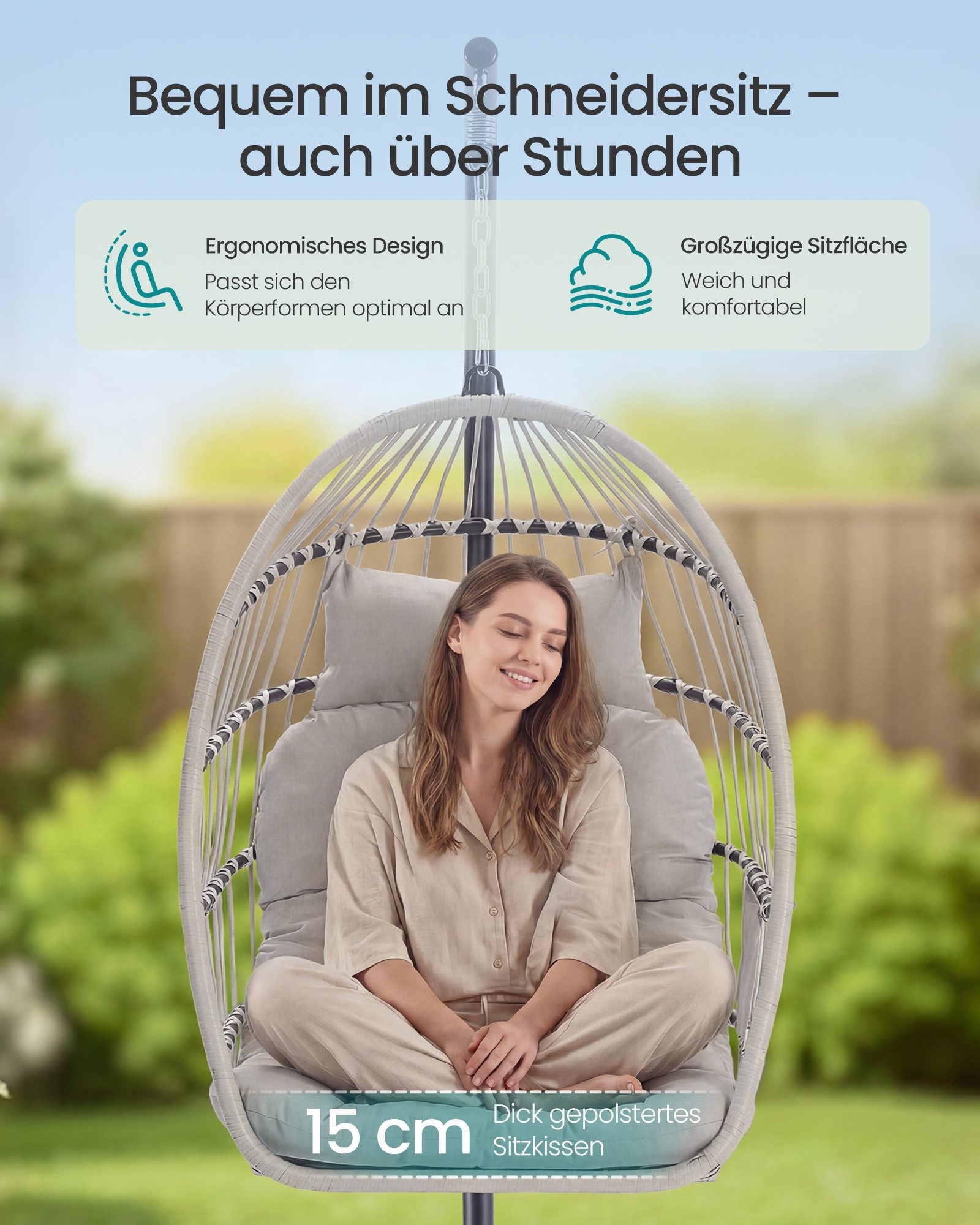SONGMICS Hängesessel mit Kissen Ei-Design Balkon & Garten inkl. Zubehörpaket & Anleitung, Outdoor, höhenverstellbar, mit Gestell, Kissen, Korbsessel, Korb – Bild 4 von 5