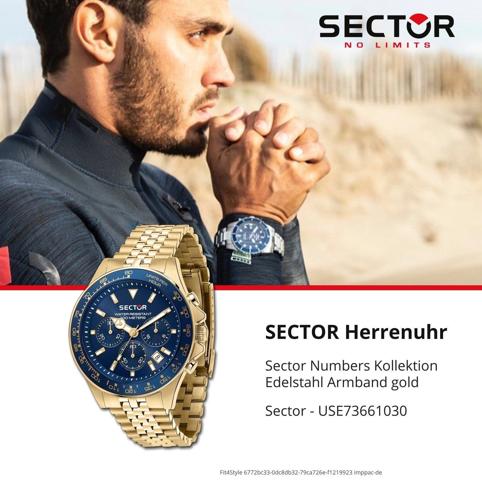 Sector Sector Herren Chrono, Fashion Chronograph (43mm), Edelstahlarmband groß rund, gold, Armbanduhr Armbanduhr Herren