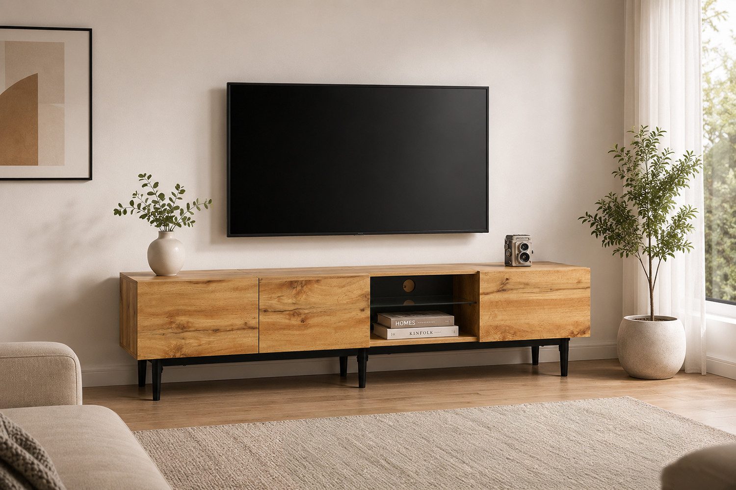 KLAM HOME Lowboard moderner klassischer TV-Schrank aus Wildeiche mit LED-Leuchten (für Wohnzimmer Schlafzimmer), TV-Tisch TV-Board TV-Kommode 175 x 31 x 41