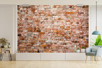 MuchoWow Fototapete Ziegelstein - Orange - Wand, Matt, bedruckt, (6 St), Wallpaper für Wohnzimmer, Schlafzimmer, Kinderzimmer, Vinyl Tapete
