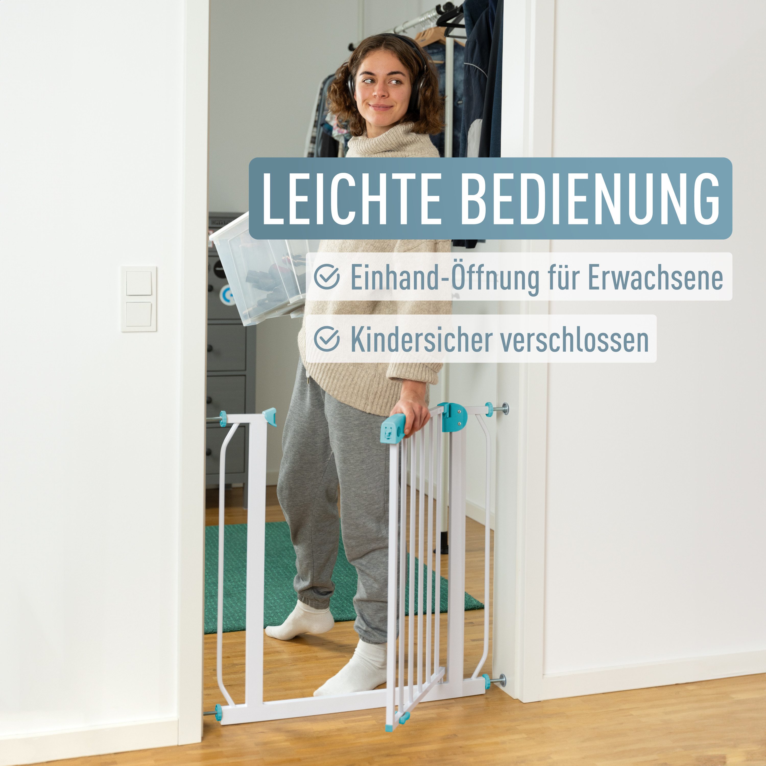 ib style Türschutzgitter Berrin S Treppengitter 67-75 cm weiß-türkis, Ohne Bohren - Auto-Close - 90° Stop