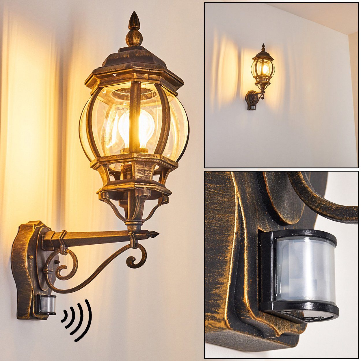 hofstein Außen-Wandleuchte »Meyen« Außenwandlampe, Aluguss in Braun/Gold m. Kunststoff-Scheiben, ohne Leuchtmittel, Wandlampe m. E27, m. Bewegungsmelder | Wandleuchten