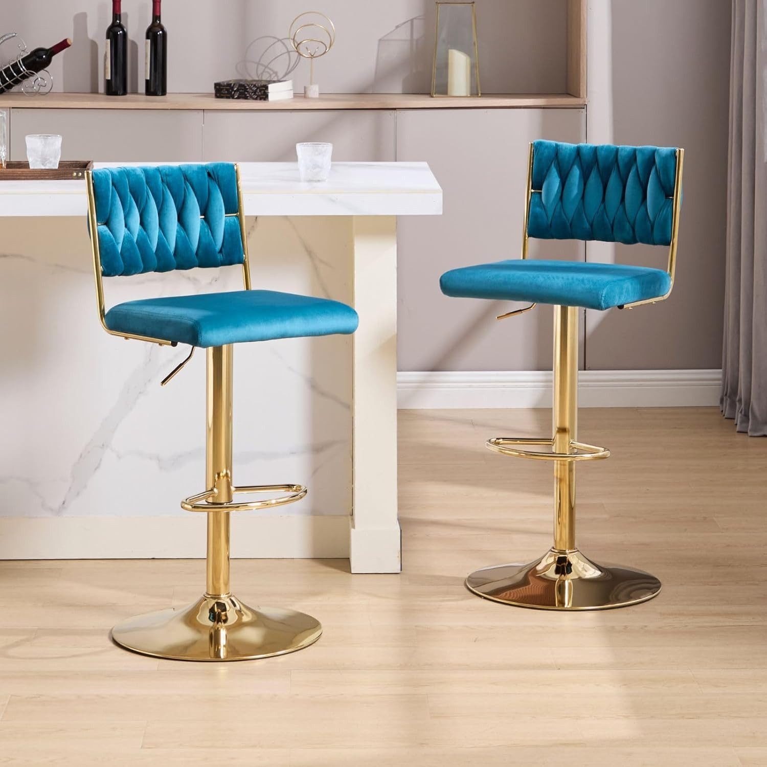 CHAIRUS Barhocker Thekenhocker mit gewebter Rückenlehne und vergoldetem Metallgestell (2 St), Barstühle 2er Set Samt, Drehbar & Höhenverstellbar
