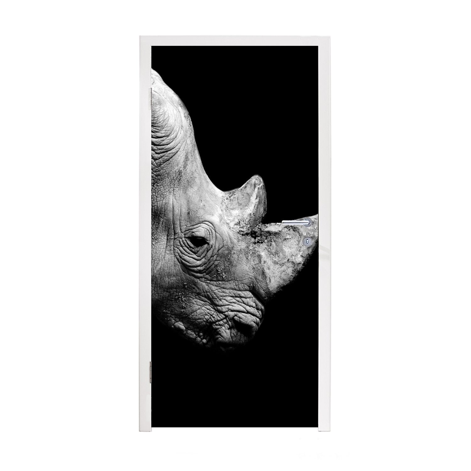 MuchoWow Türtapete Portrait Nashorn auf schwarzem Hintergrund, Matt, bedruckt, (1 St), Selbstklebende Tapete, Folie für Möbel, 75x205 cm