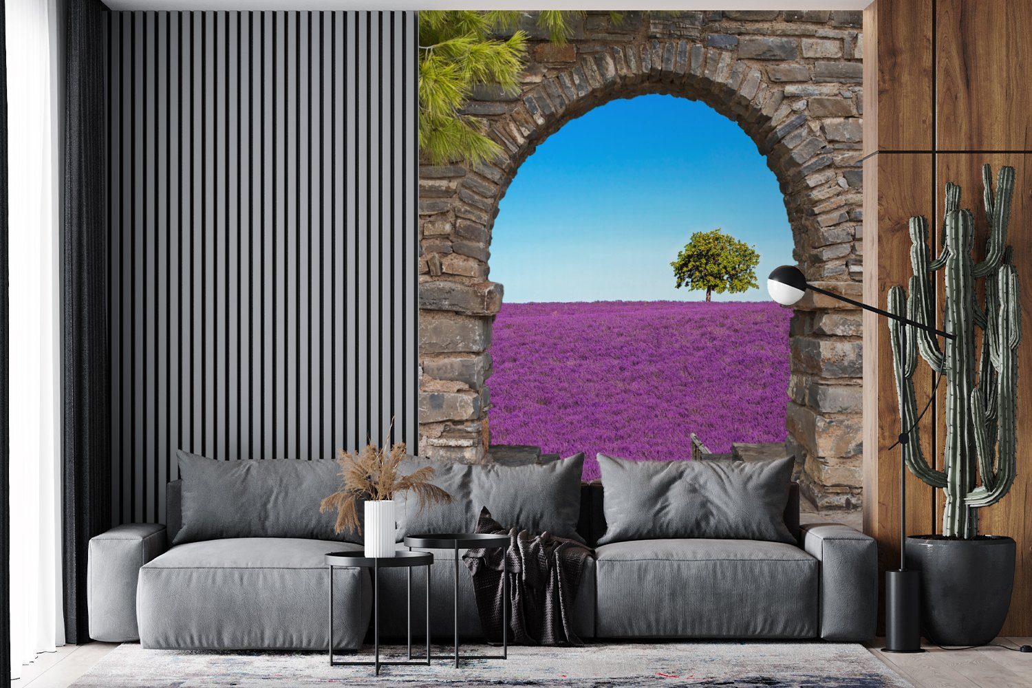MuchoWow Fototapete Tapete - Ansicht, Baum Lavendel Wohnzimmer, Matt, für Blumen - Wandtapete bedruckt, Montagefertig - St), (4 Vinyl