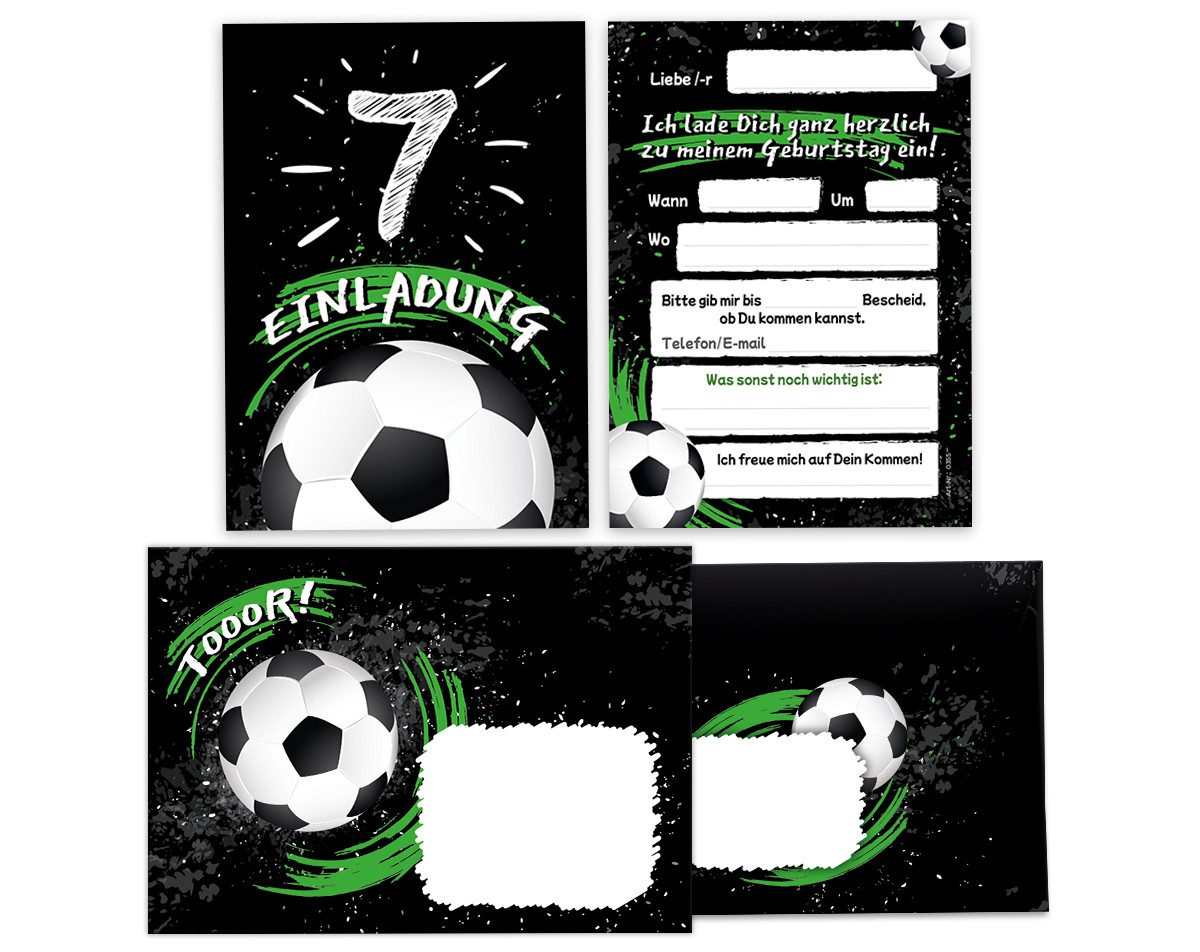 JUNAPACK Einladungskarten Fußball zum 7. Geburtstag Einladungen Karten mit Umschlägen Mitgebsel, Mitbringsel Set Fussball zum siebten Kindergeburtstag Gastgeschenke