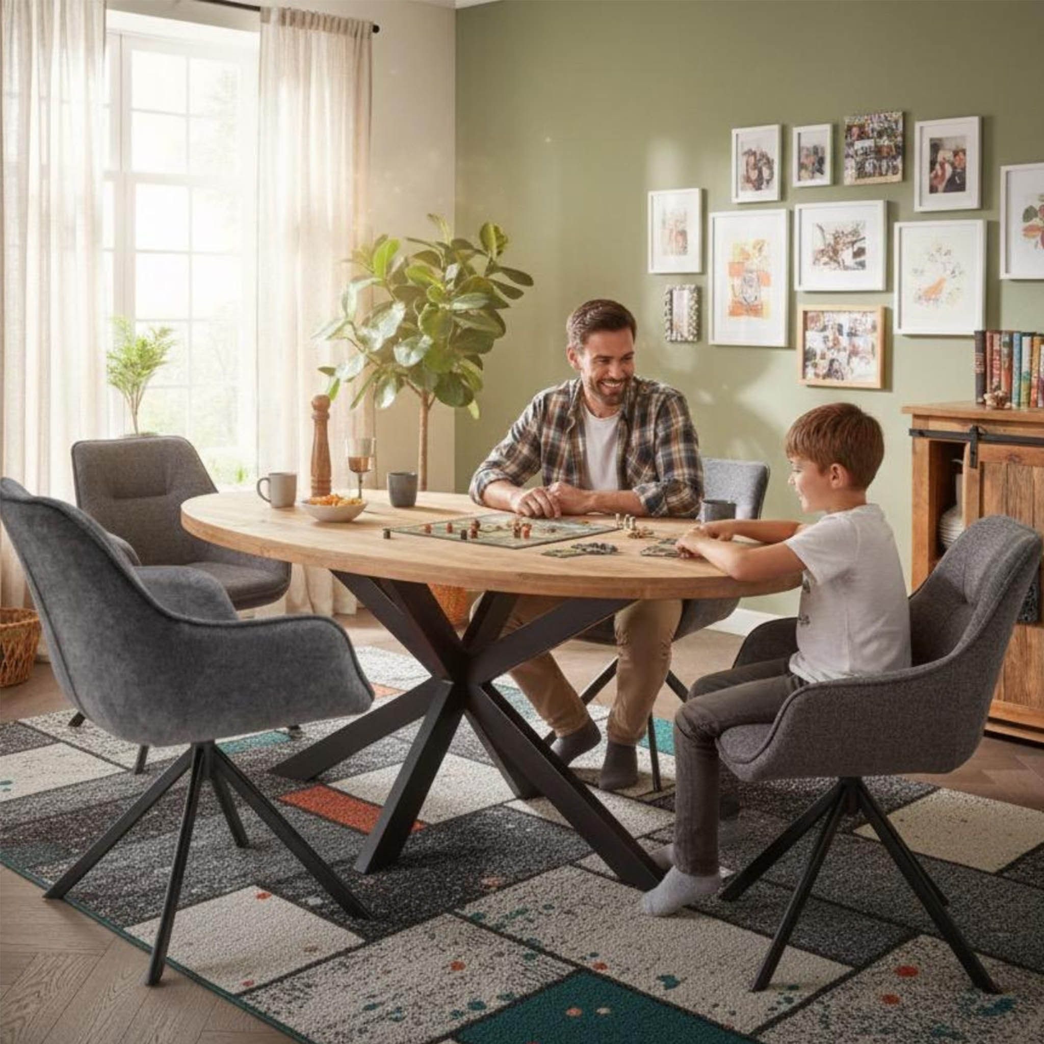 bene living Esszimmer-Set Massivholztisch Avola oval, 4er Set Diningsessel San Carlo dunkelgrau, (Indoor-Möbelset, 5-St), massive Mangoholz-Tischplatte - drehbare Diningsessel